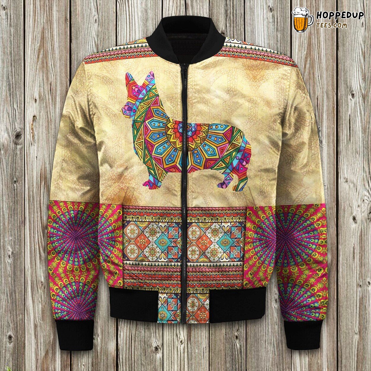 Hippie Corgi Design Bomber Jacket Canine Chill Melds Bohemian Winter Warmth