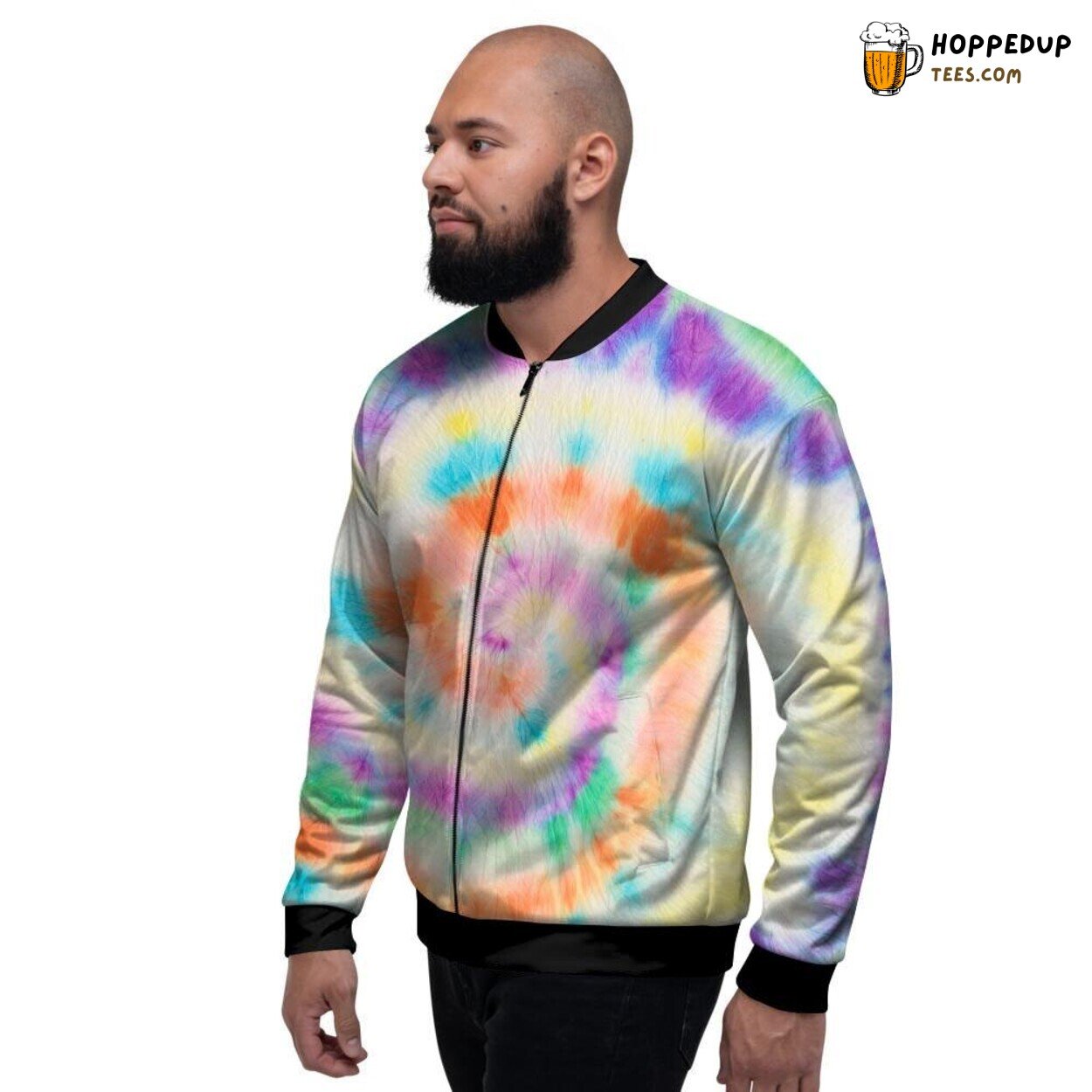 Hippie Culture Tie Dye Art Men’s Bomber Jacket Colorful Spirals of Joy