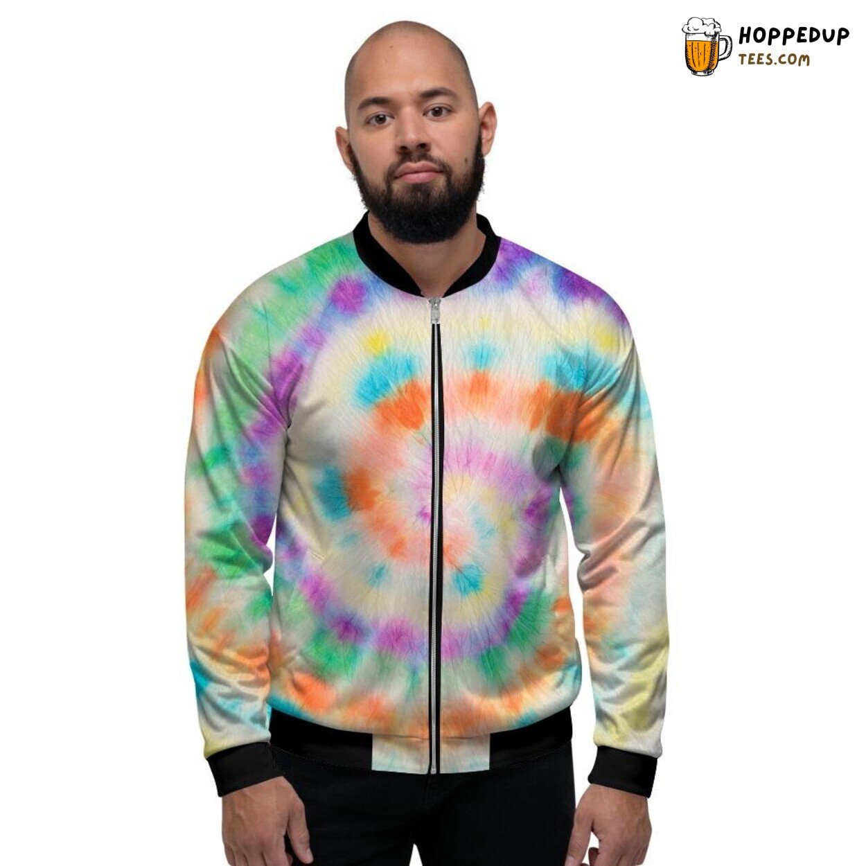 Hippie Culture Tie Dye Art Men’s Bomber Jacket Colorful Spirals of Joy