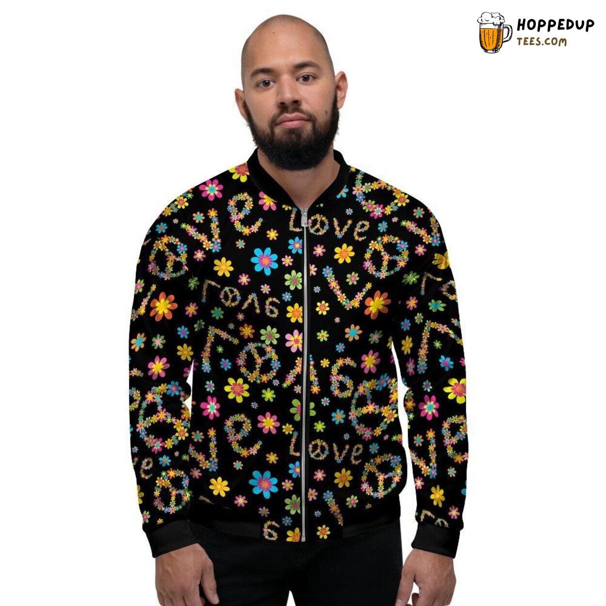 Hippie Era Love Infused Floral Design Men’s Bomber Jacket Romantic Flower Display