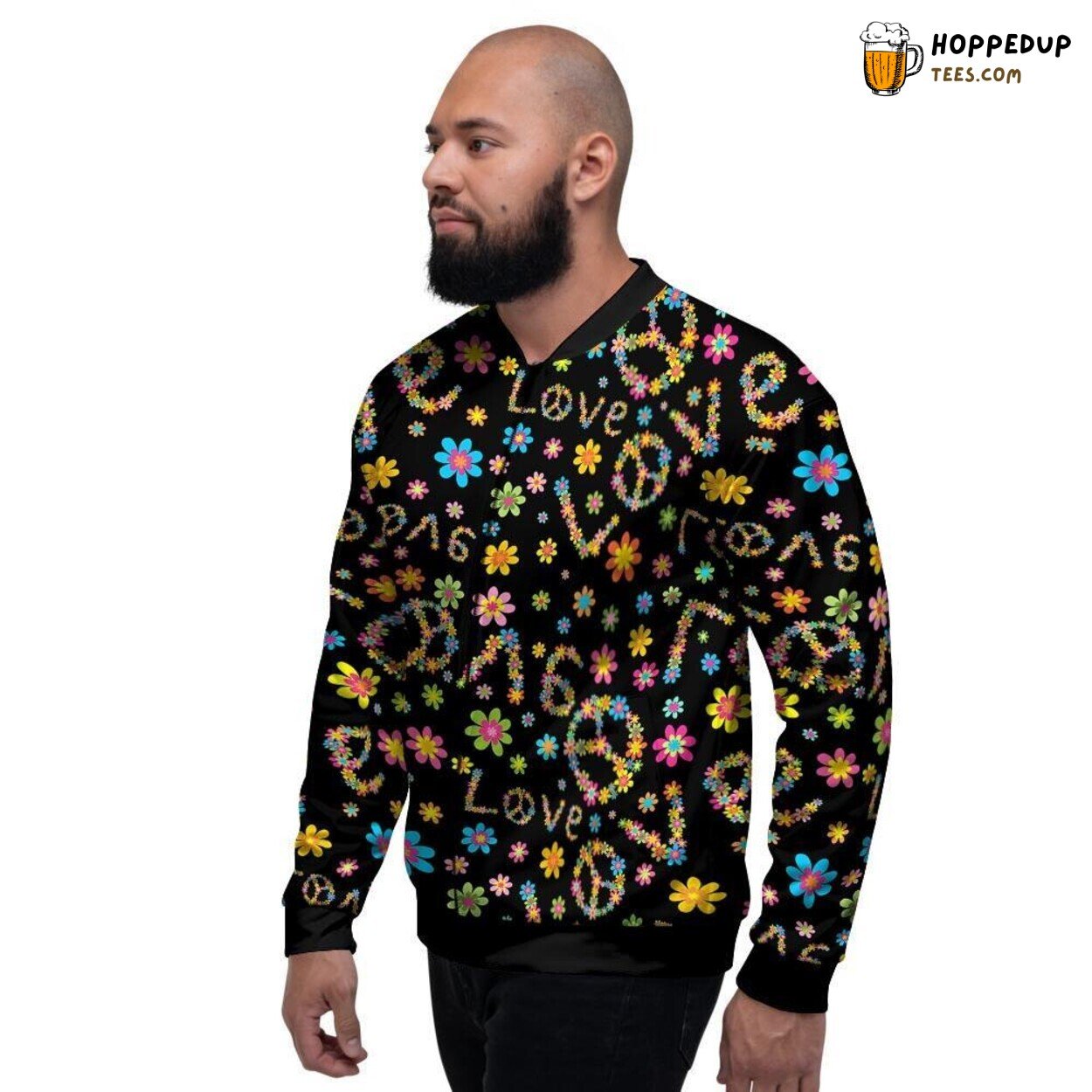 Hippie Era Love Infused Floral Design Men’s Bomber Jacket Romantic Flower Display