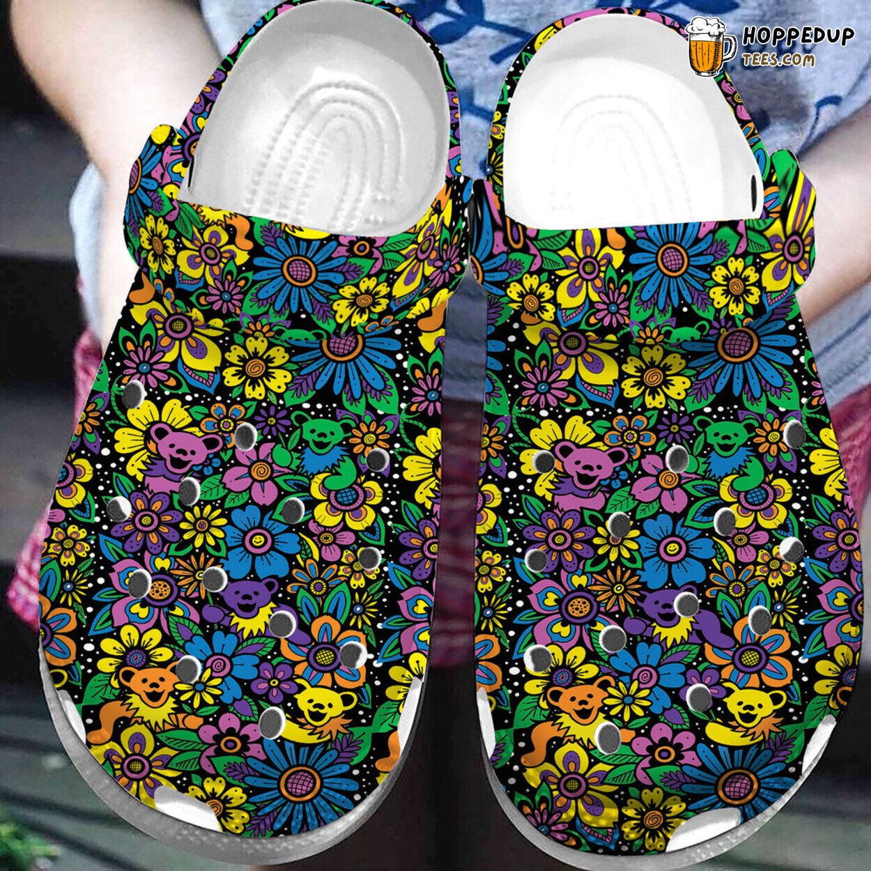 Hippie Grateful Dead Bears Dancing Flower Theme Clog Shoes Unique Design
