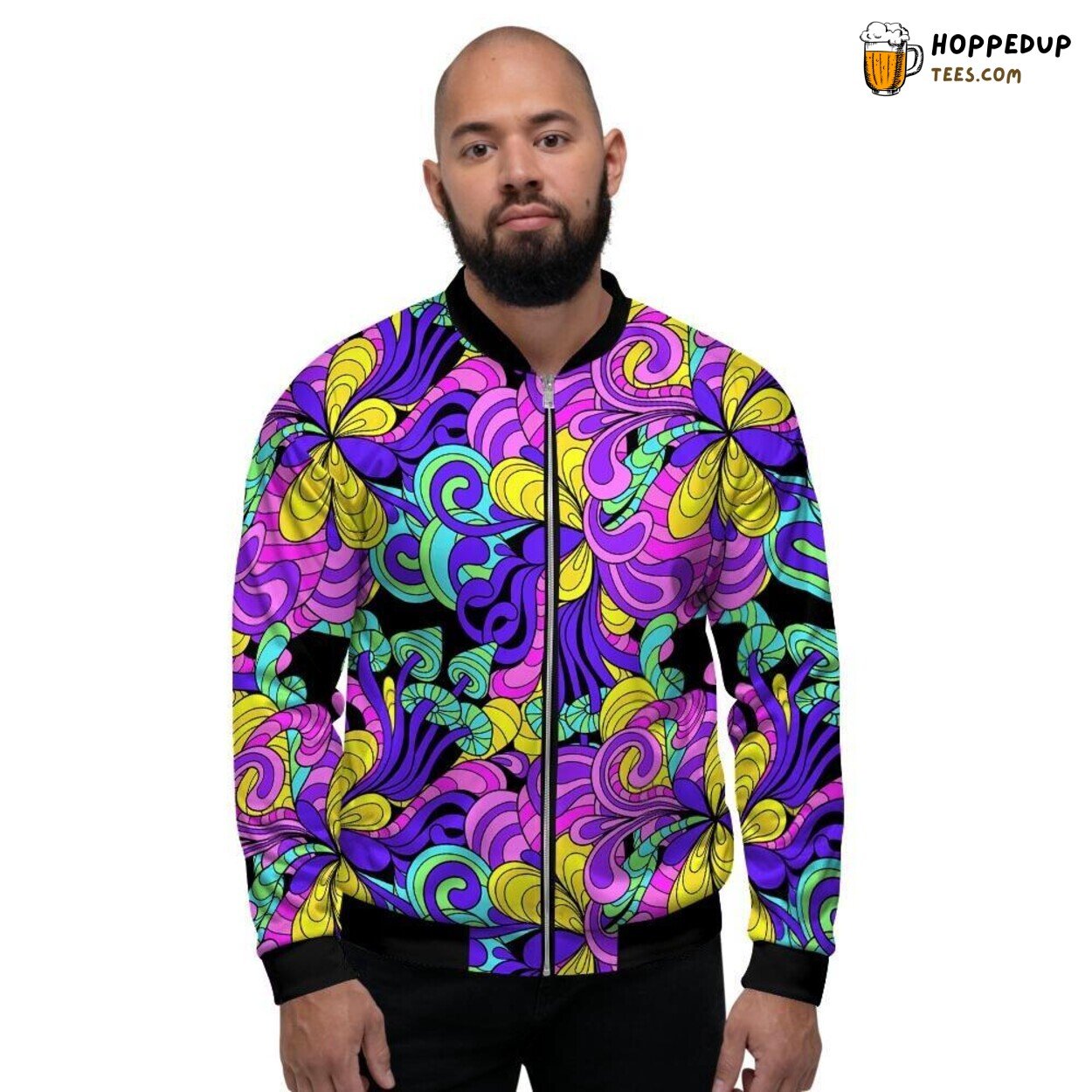 Hippie Inspired Psychedelic Mushroom Art Men’s Bomber Jacket Trippy Fungi Display