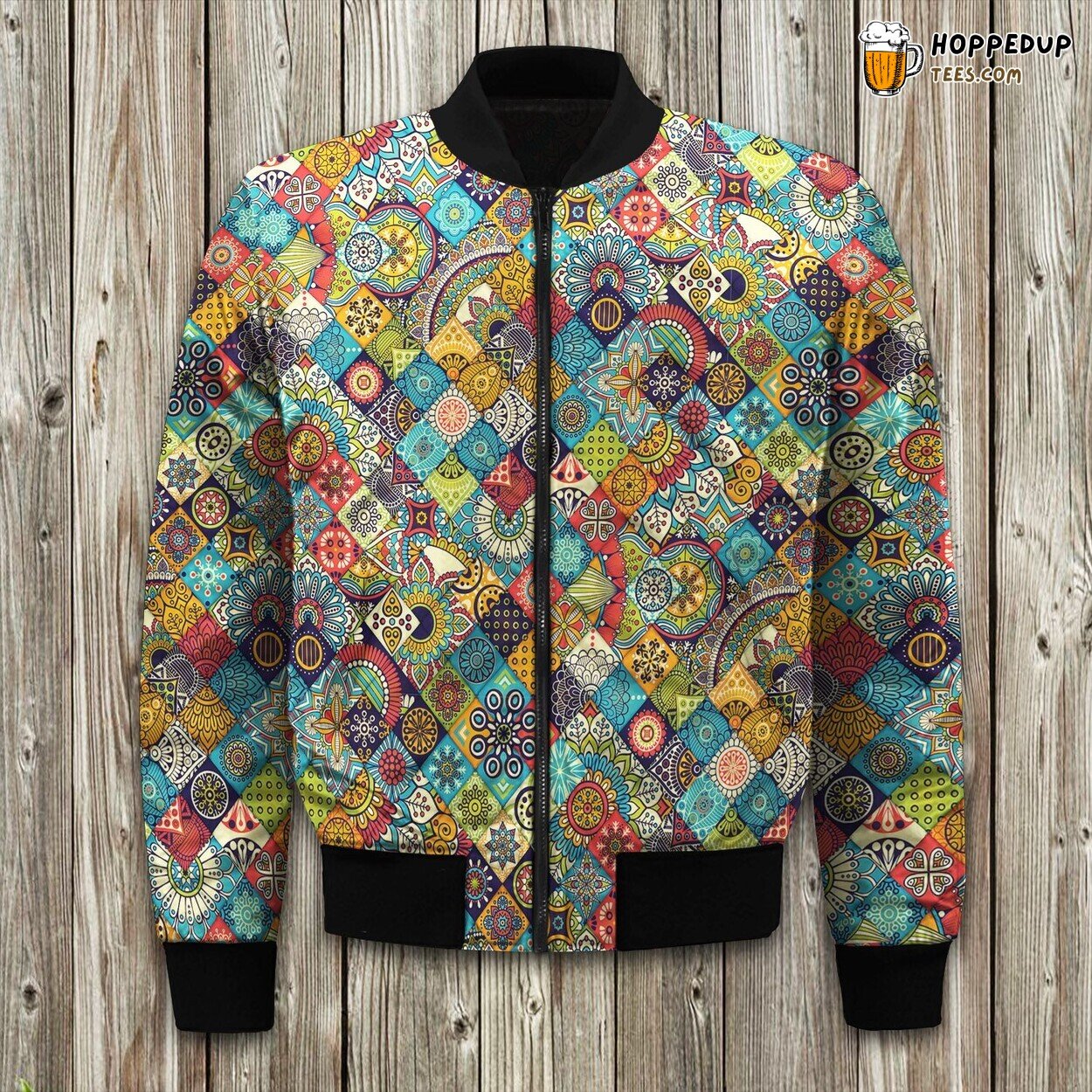 Hippie Mandala Art Bomber Jacket Winter Circles of Peaceful Elegance