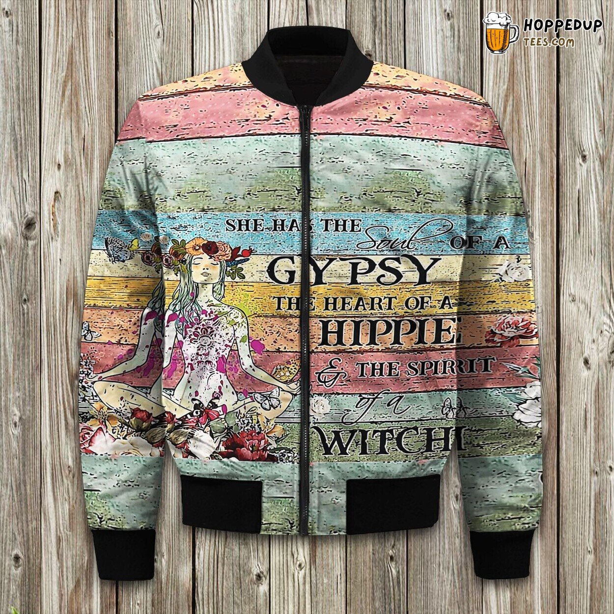 Hippie Patterned Winter Bomber Jacket Exhibiting Vintage Vibes