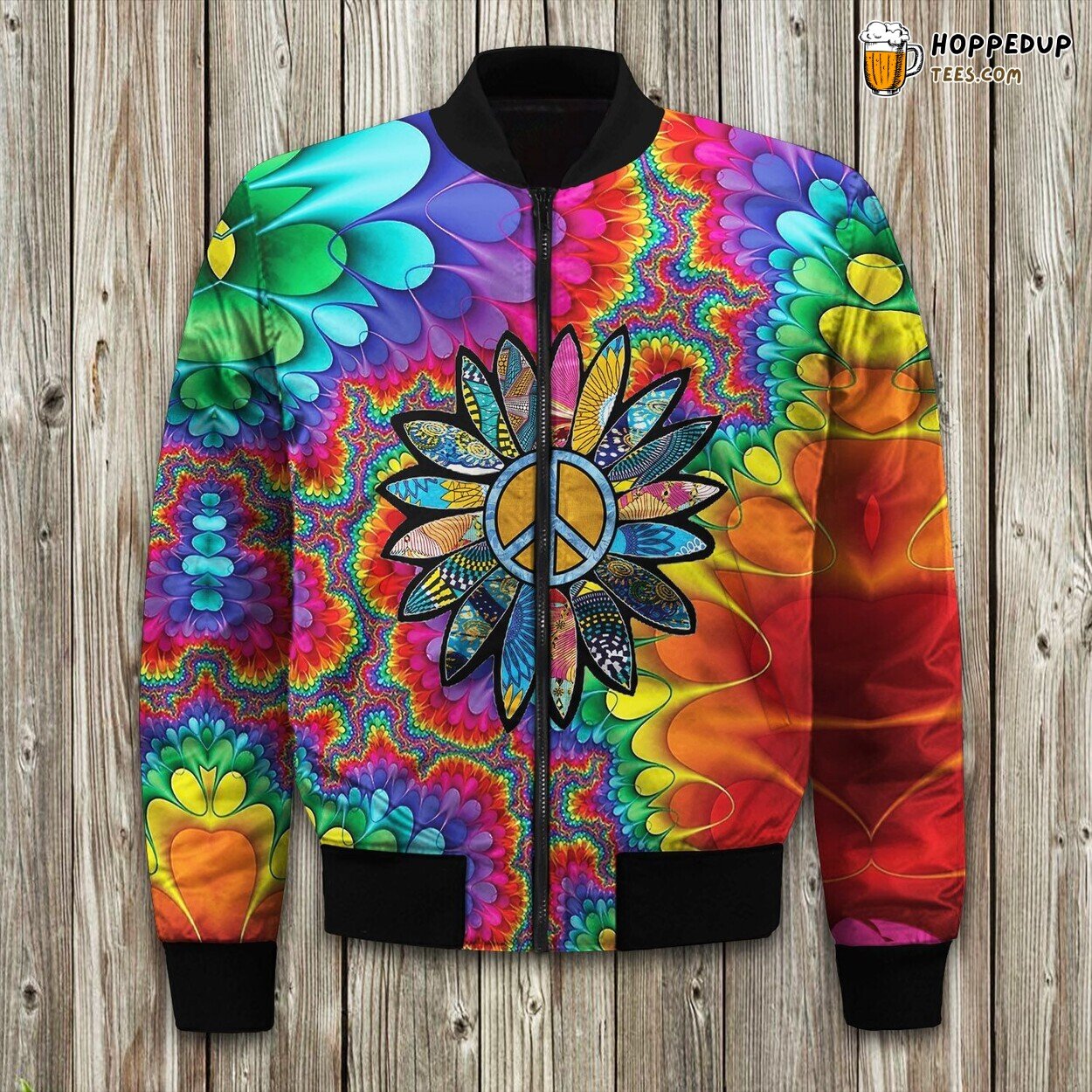 Hippie Peace Sign Bomber Jacket Winter Love Harmony in Fabric Comfort