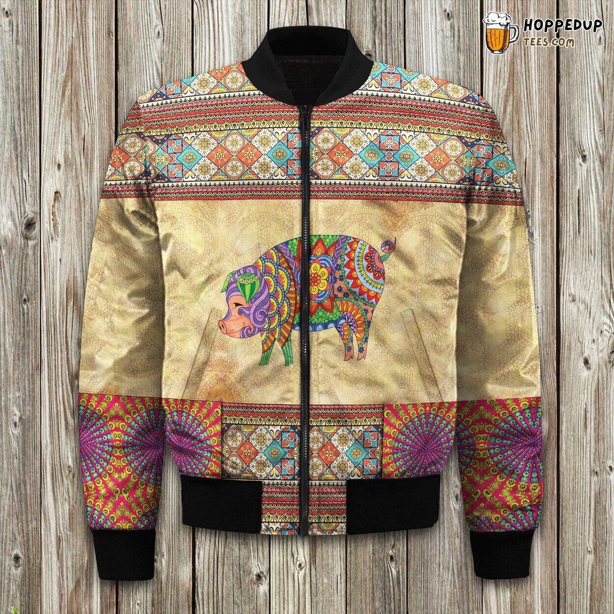 Hippie Pig Design Bomber Jacket Winter Peace Melds Porcine Playfulness