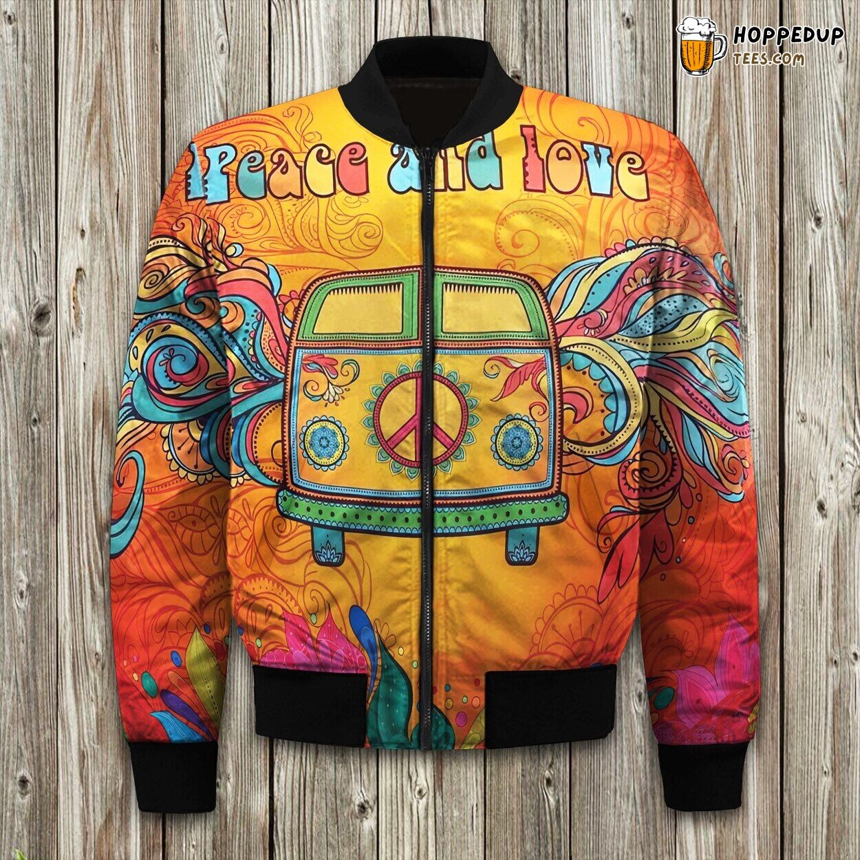 Hippie Psychedelic Camper Van Peace Sign Bomber Jacket