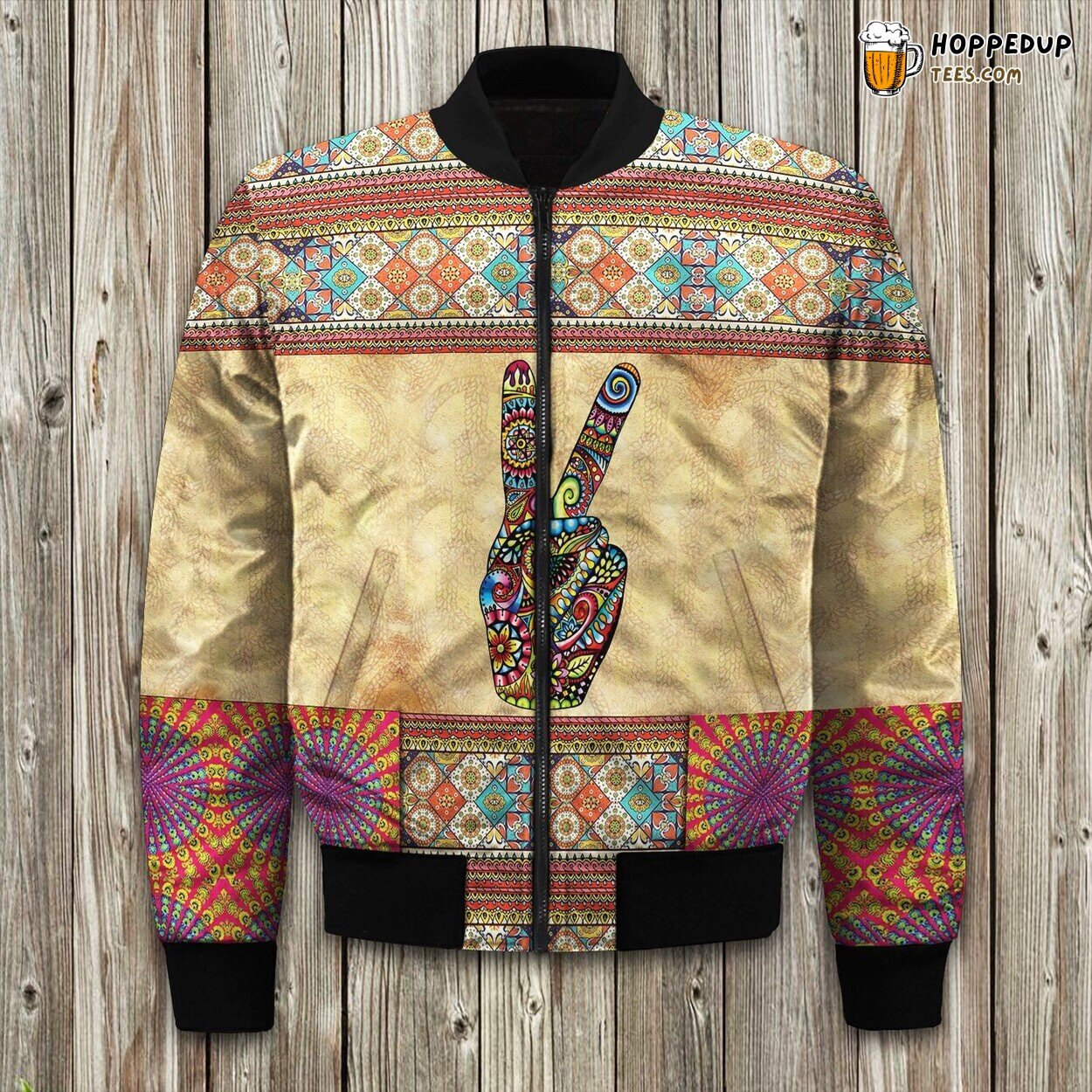 Hippie Sign Artistic Bomber Jacket Winter Trends in Peaceful Symbols