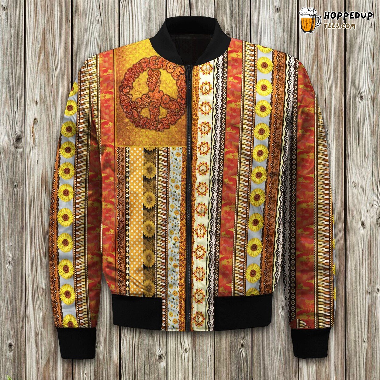 Hippie Sunflower Inspired Bomber Winter Jacket Unique Design Coat