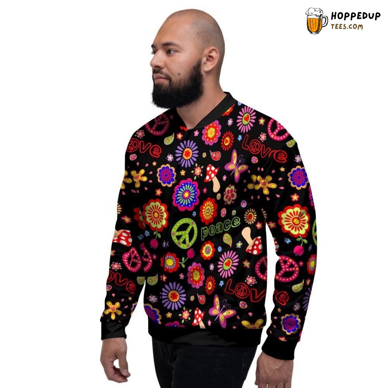 Hippie Theme Peaceful Print Men’s Bomber Jacket Love Not War Statement