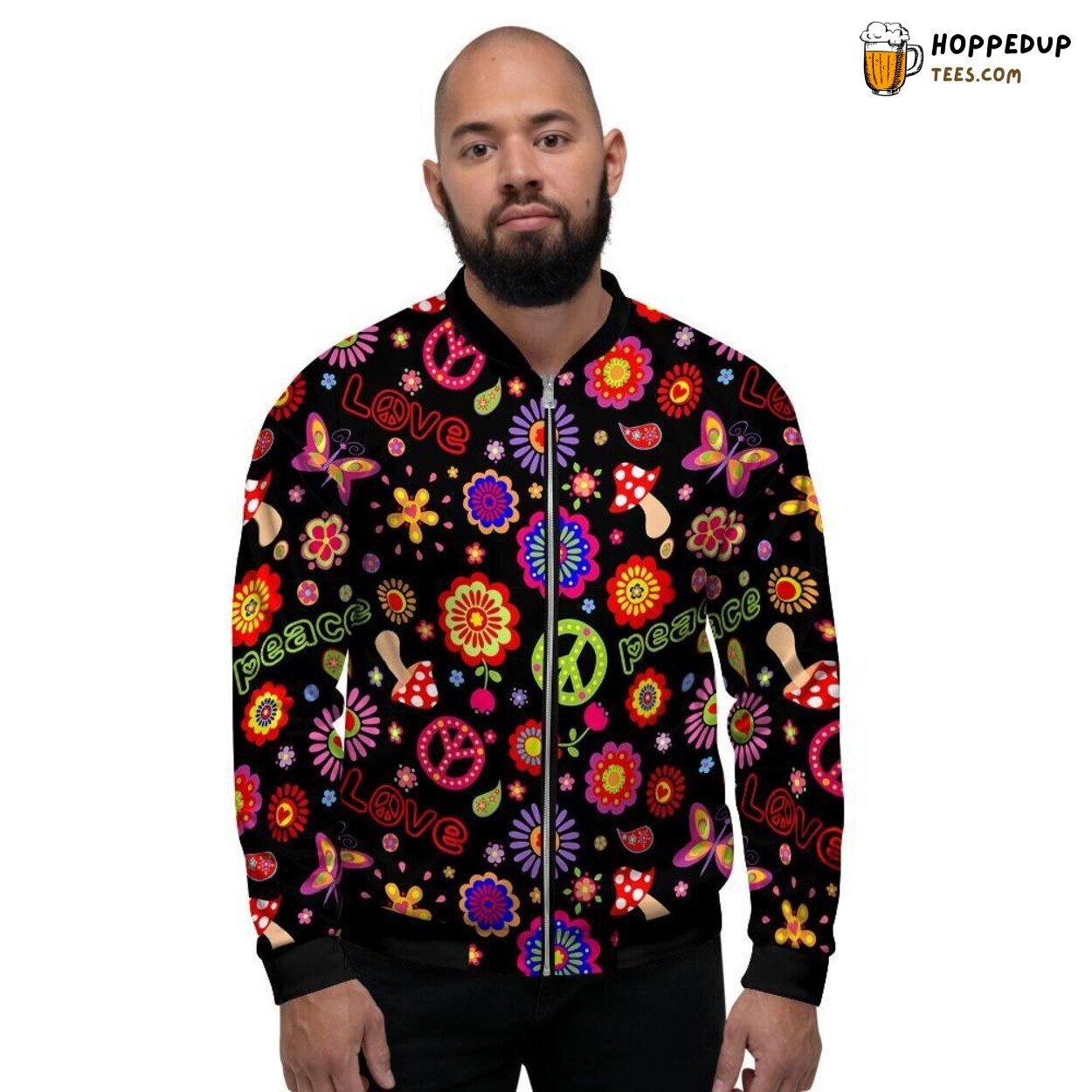 Hippie Theme Peaceful Print Men’s Bomber Jacket Love Not War Statement