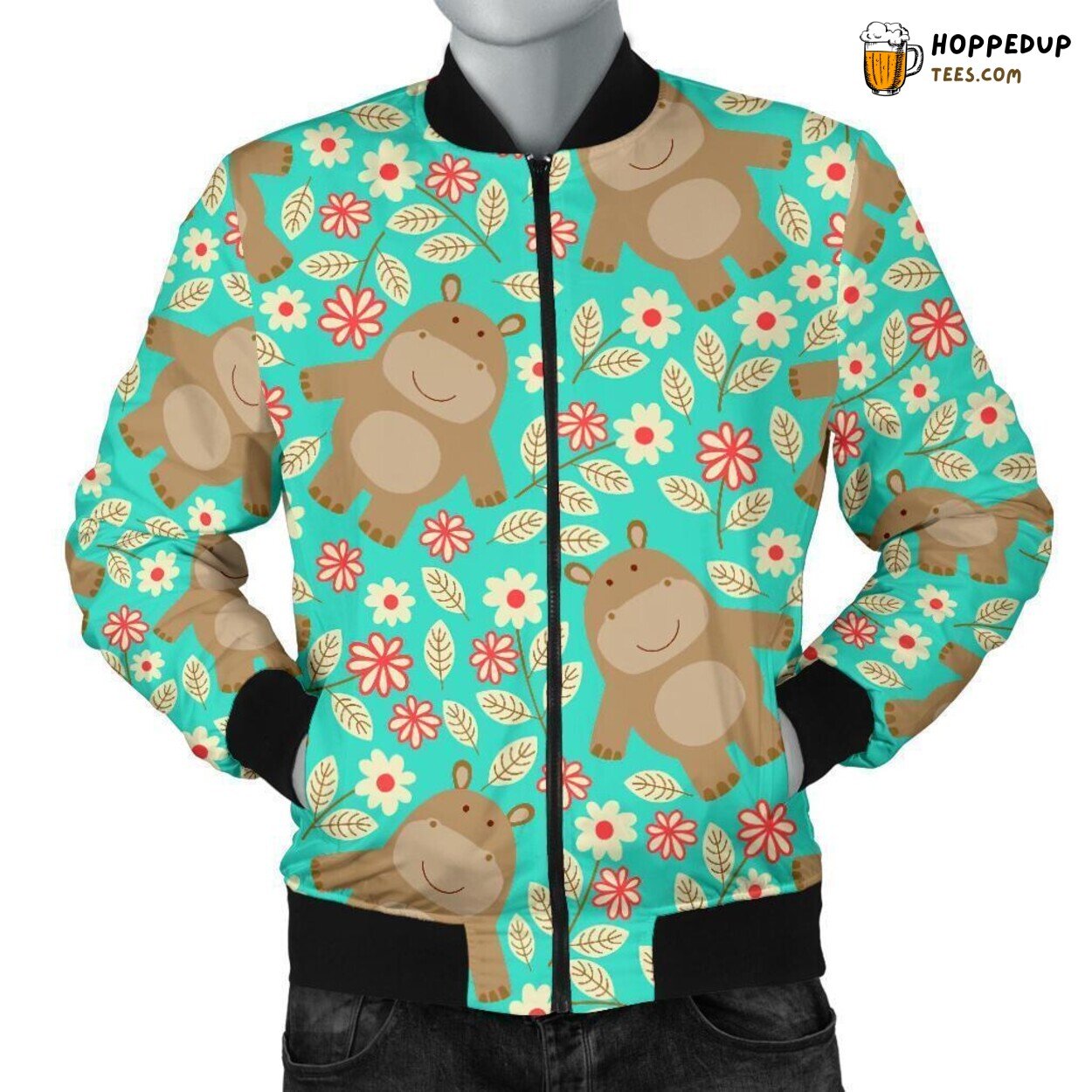 Hippo Amidst Fragrant Florals Men’s Bomber Jacket Unique Pattern Design Art