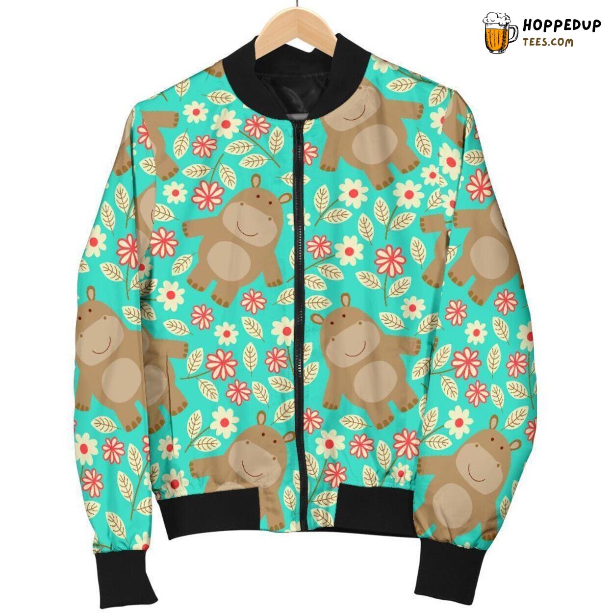 Hippo Amidst Fragrant Florals Men’s Bomber Jacket Unique Pattern Design Art