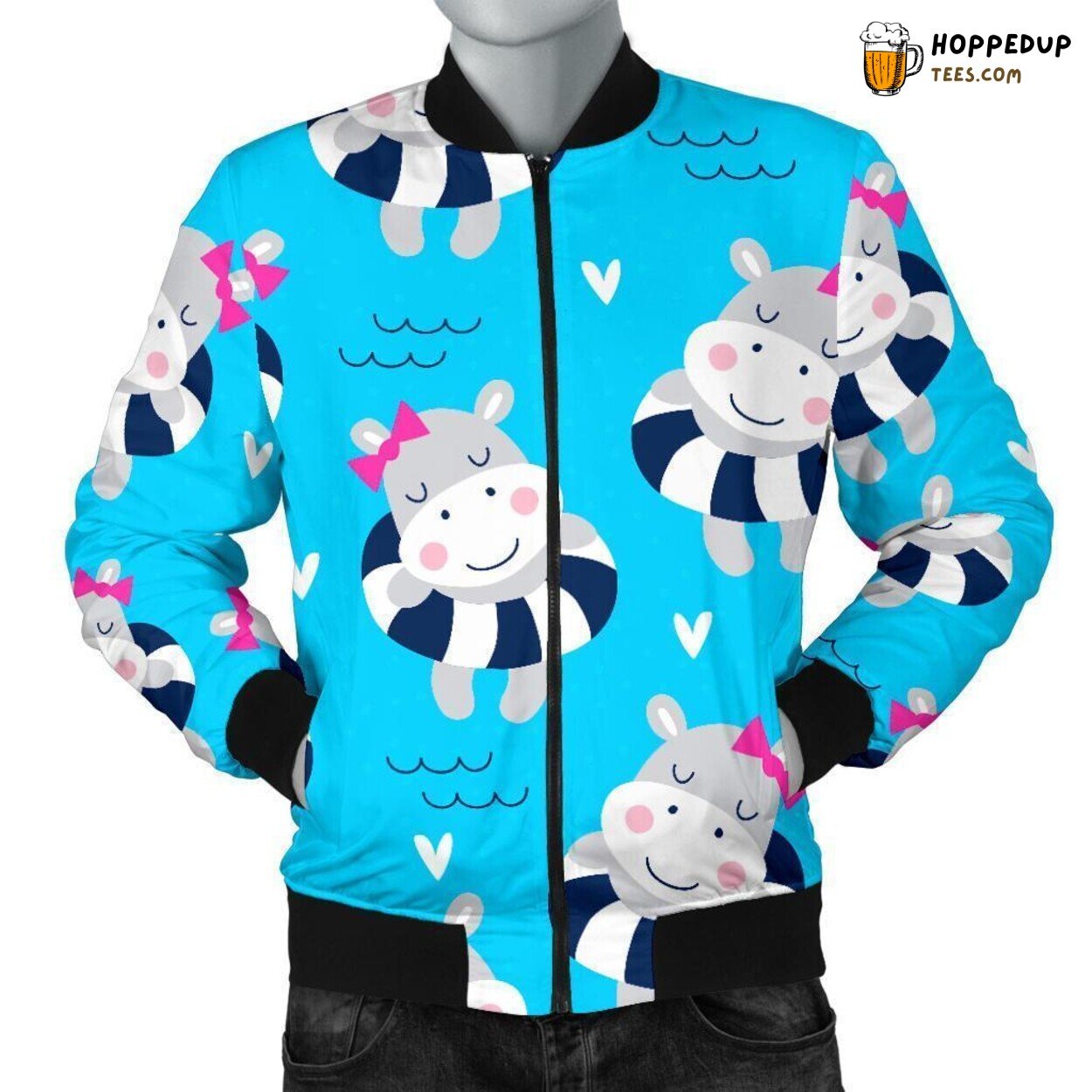 Hippo’s Cute Essence Men’s Bomber Jacket Unique Pattern Display Showcase