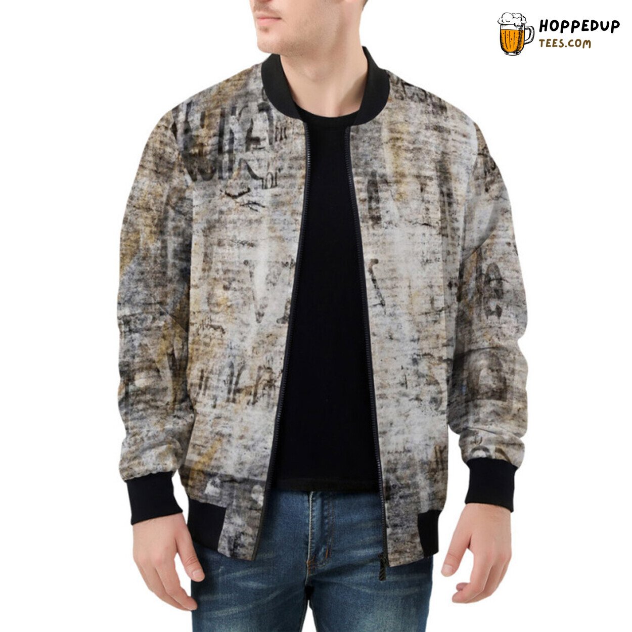 Historical Echo in Grunge Inspired Vintage Newspaper Bomber Jacket
