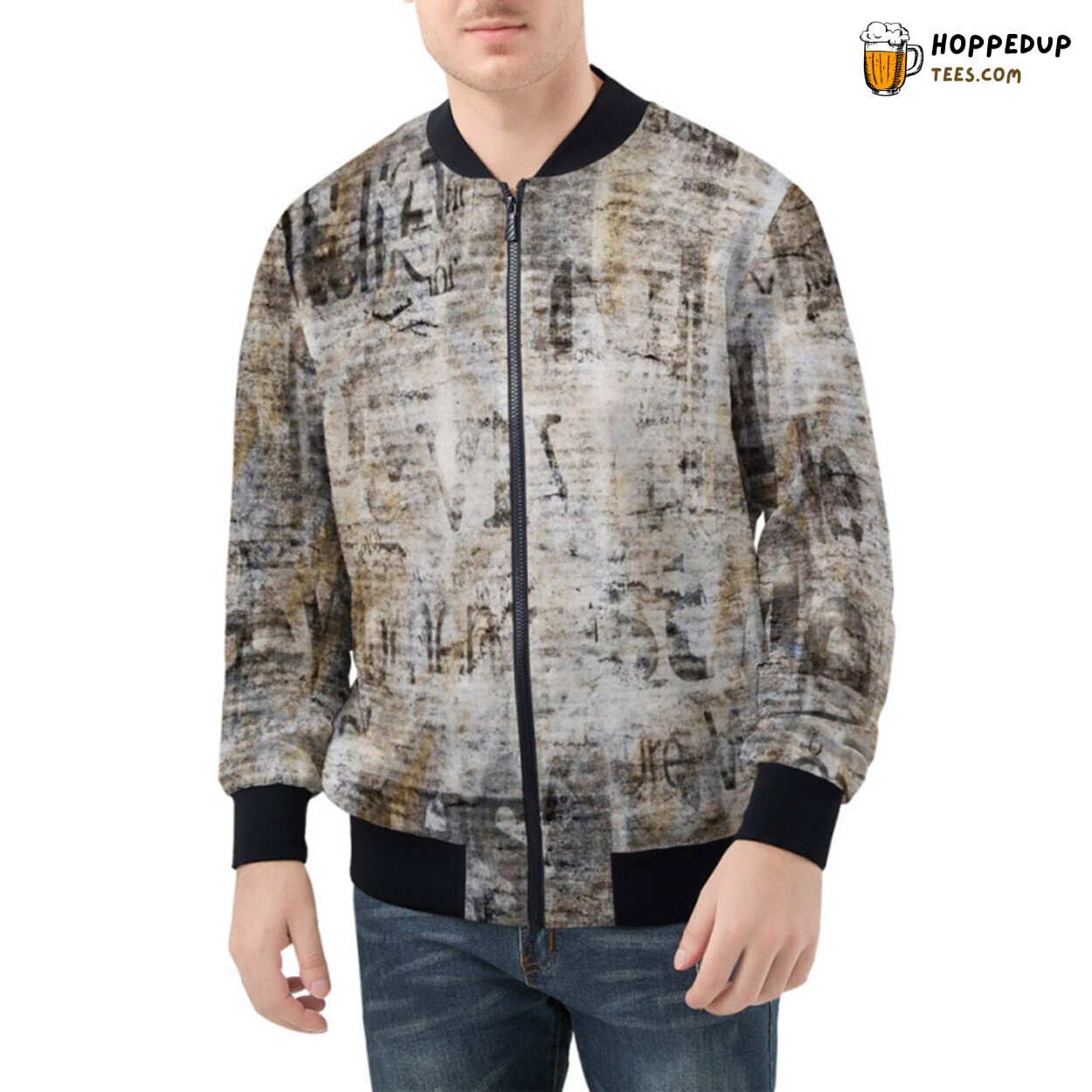 Historical Echo in Grunge Inspired Vintage Newspaper Bomber Jacket
