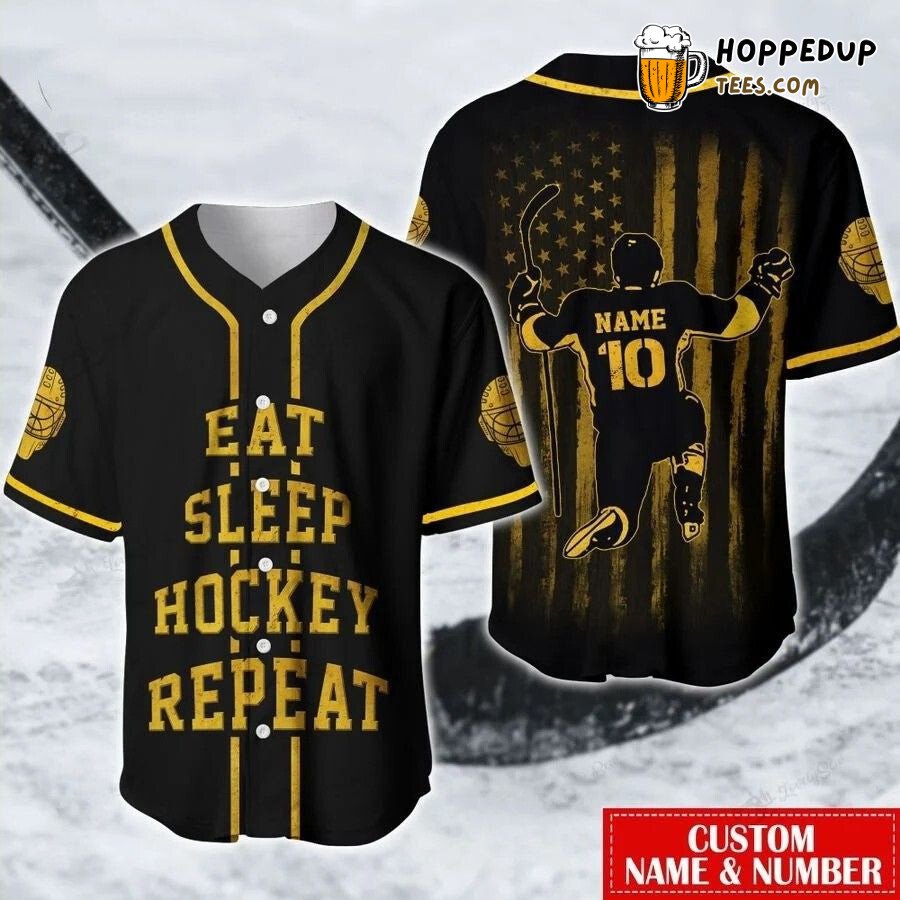 Hockey Flag Themed Eat Sleep Repeat Baseball Jersey Personalized Number