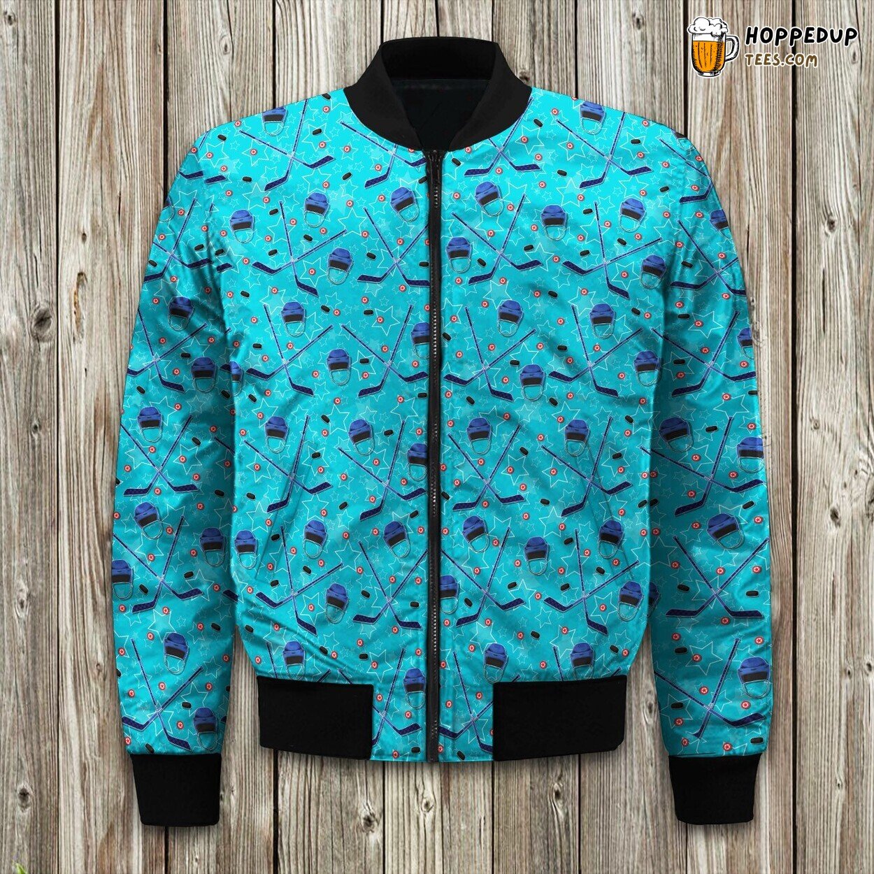 Hockey Helmet And Stick On Blue Bomber Jacket