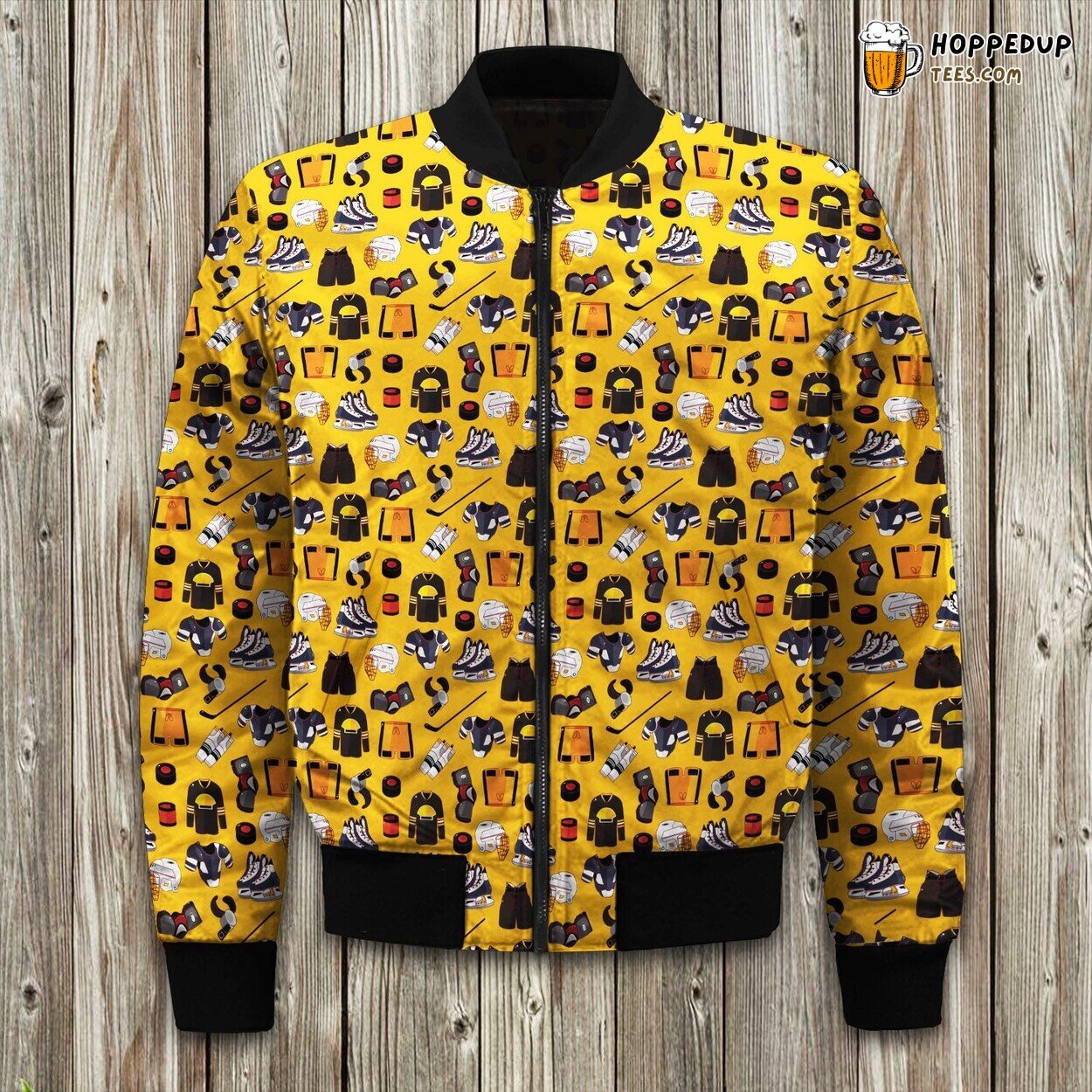 Hockey Items Illustration On Yellow Bomber Jacket