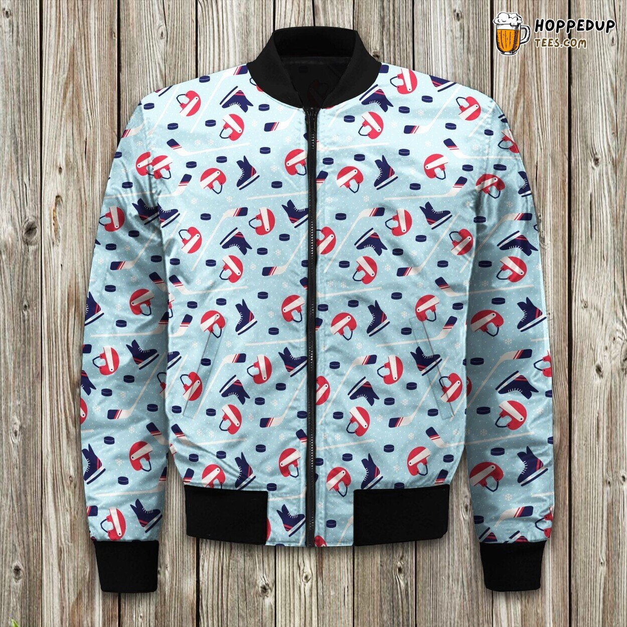 Hockey Items On Winter Snow Texture Bomber Jacket