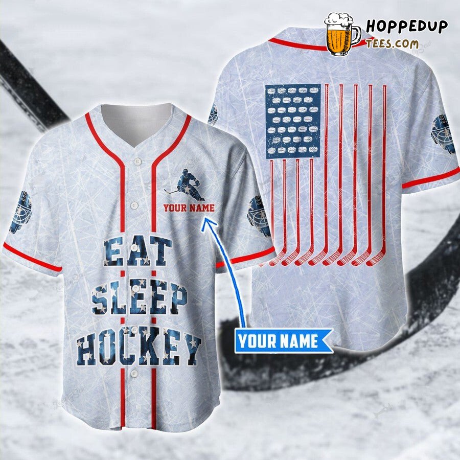 Hockey Lovers Flag Baseball Jersey Eat Sleep Personalized Unique Design