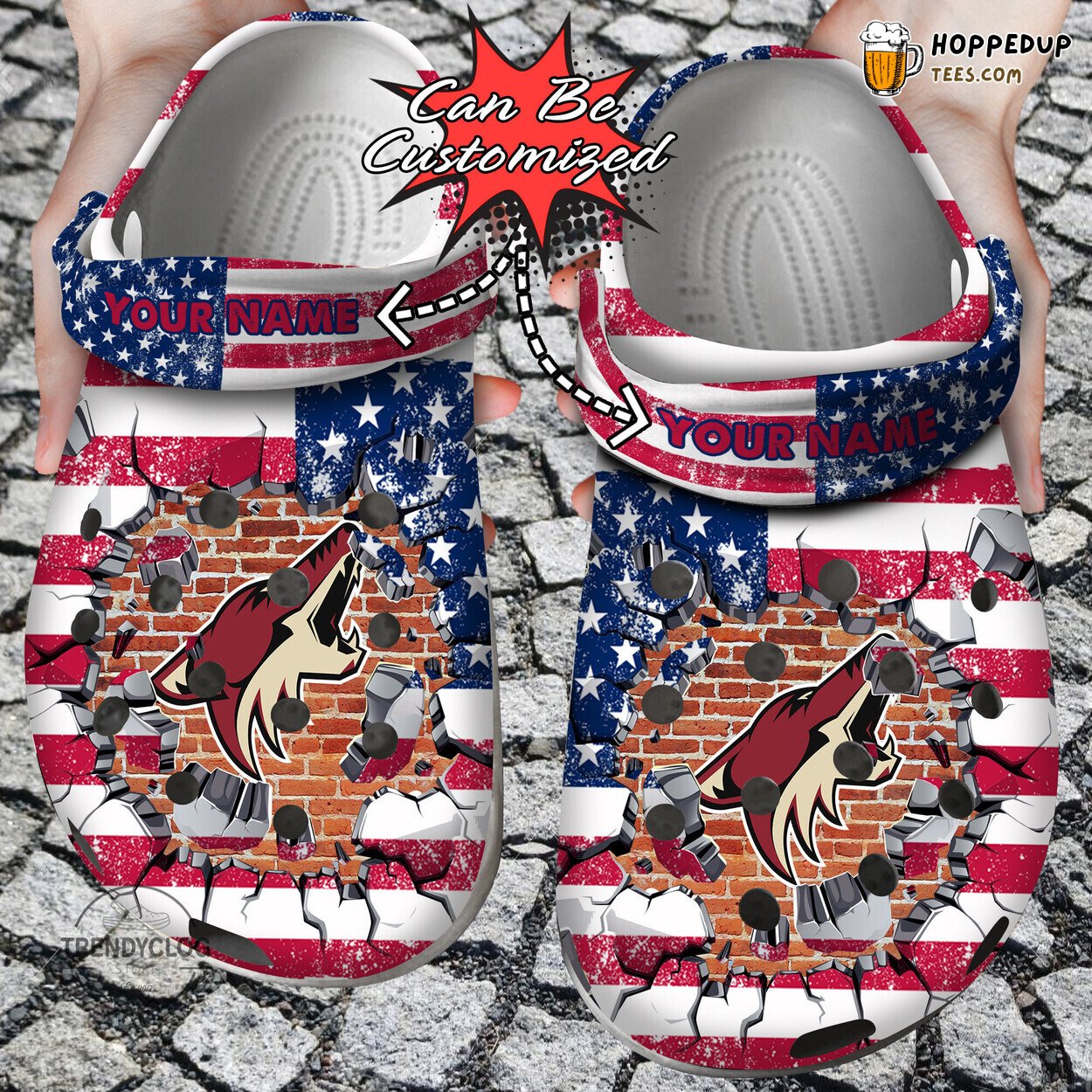 Hockey Personalized ACoyotes American Flag Breaking Wall Clog Shoes