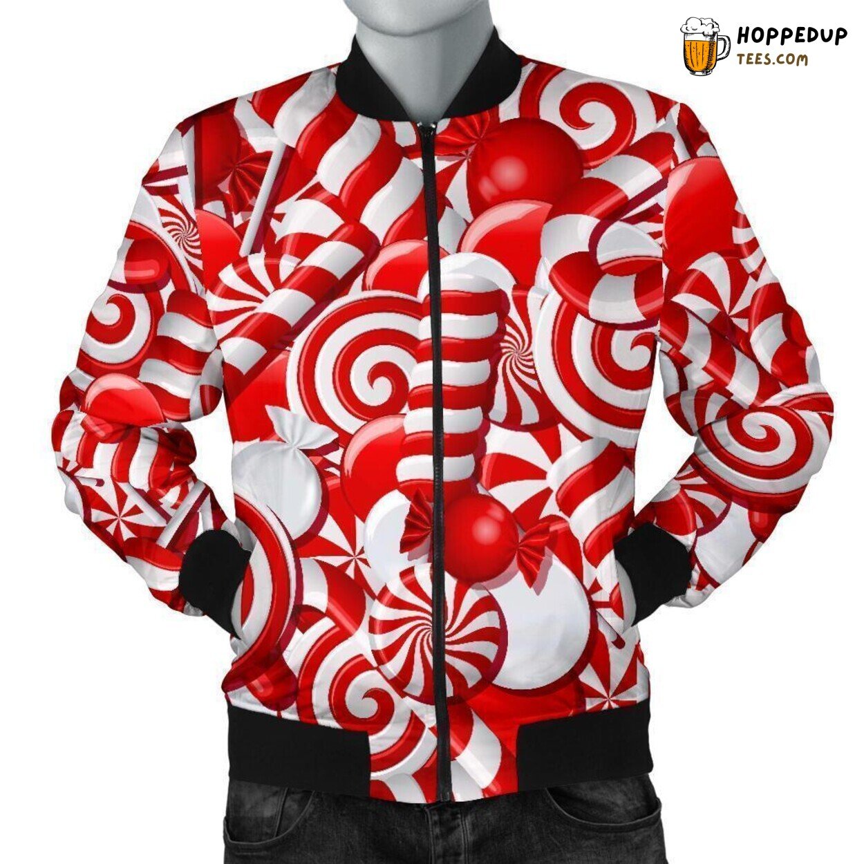 Holiday Candy Cane Delight Men’s Bomber Jacket Unique Pattern Essence Art