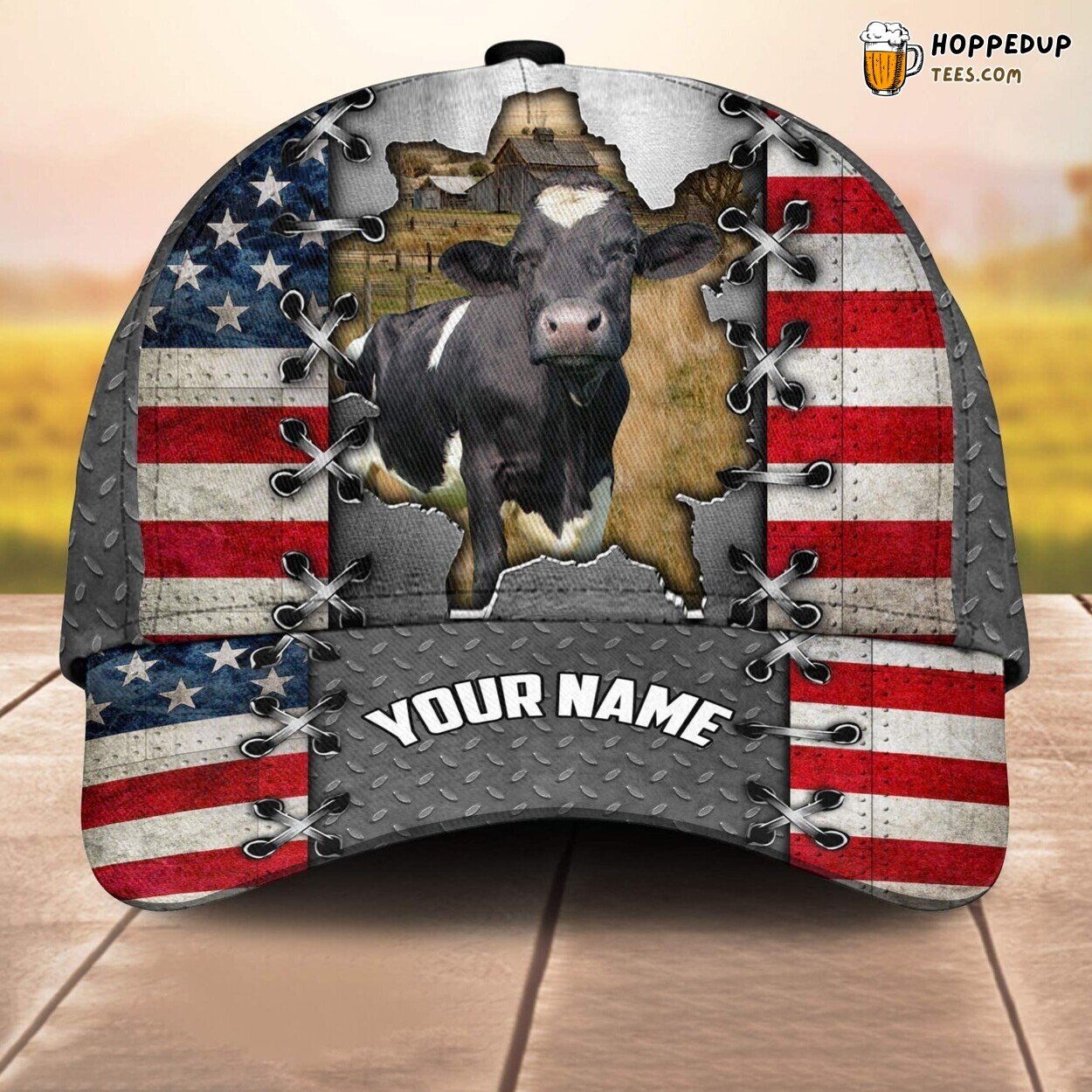 Holstein 3D US Flag Leather Pattern Custom Cap Baseball Animal Farm Lovers