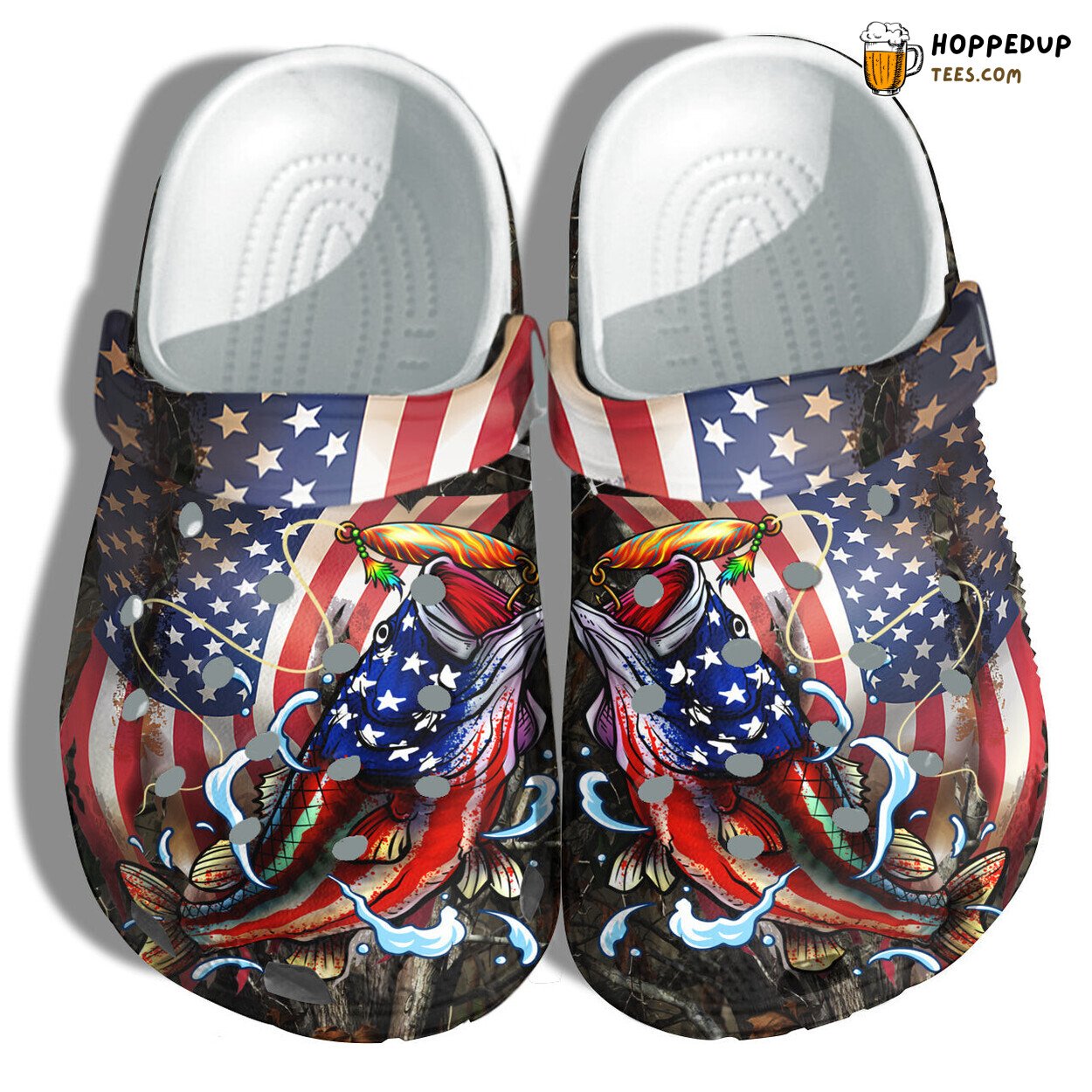 Hook Fishing 4th July Men Father Day Nature Fish USA Flag Clogs
