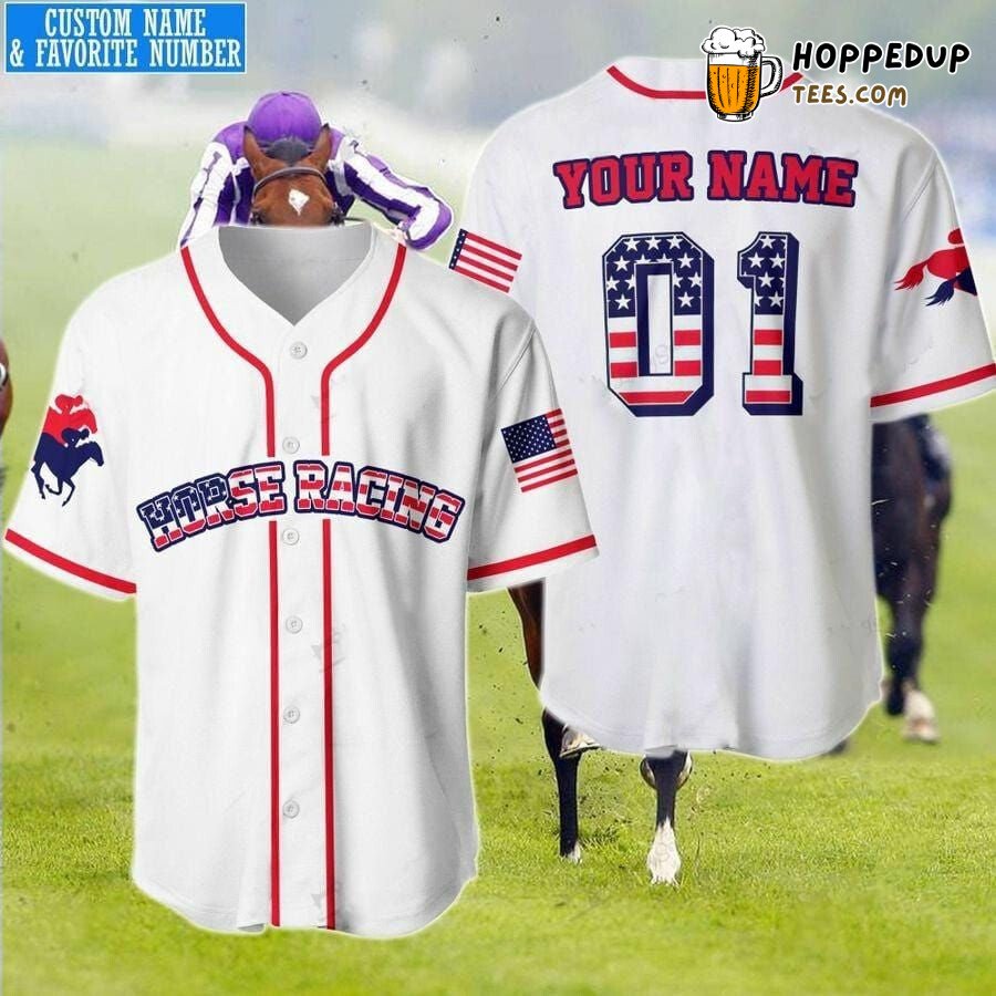 Horse Racing White Flag Baseball Jersey Personalized Numbered Unique Design