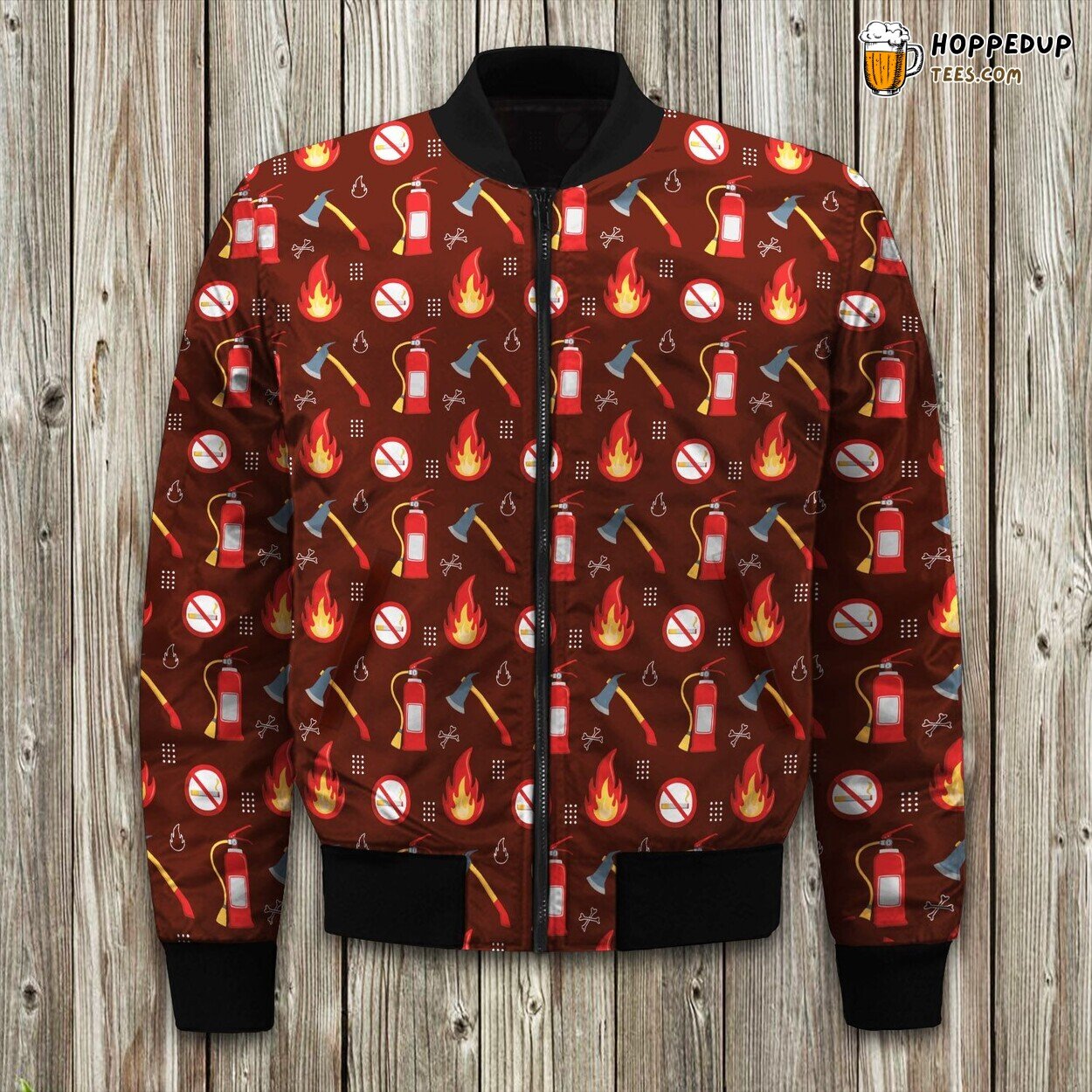 Hot Fire With Axe And Relate Items On Red Background Seamless Bomber Jacket