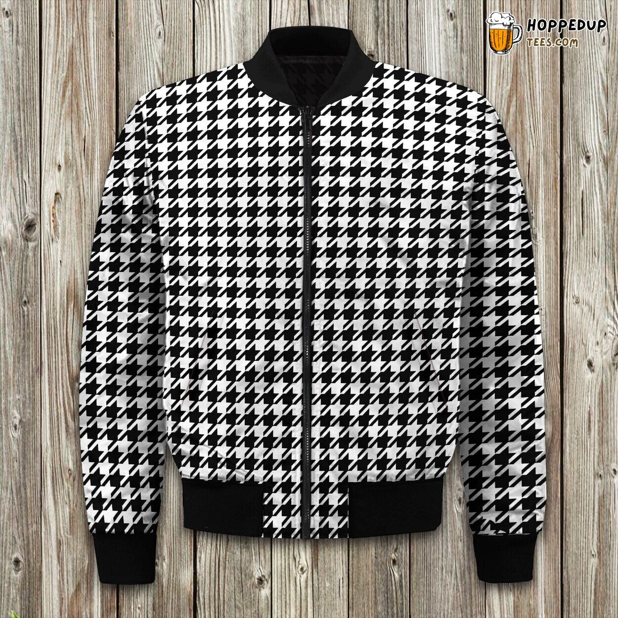 Houndstooth Black White Print Bomber Winter Jacket Minimalist Coat