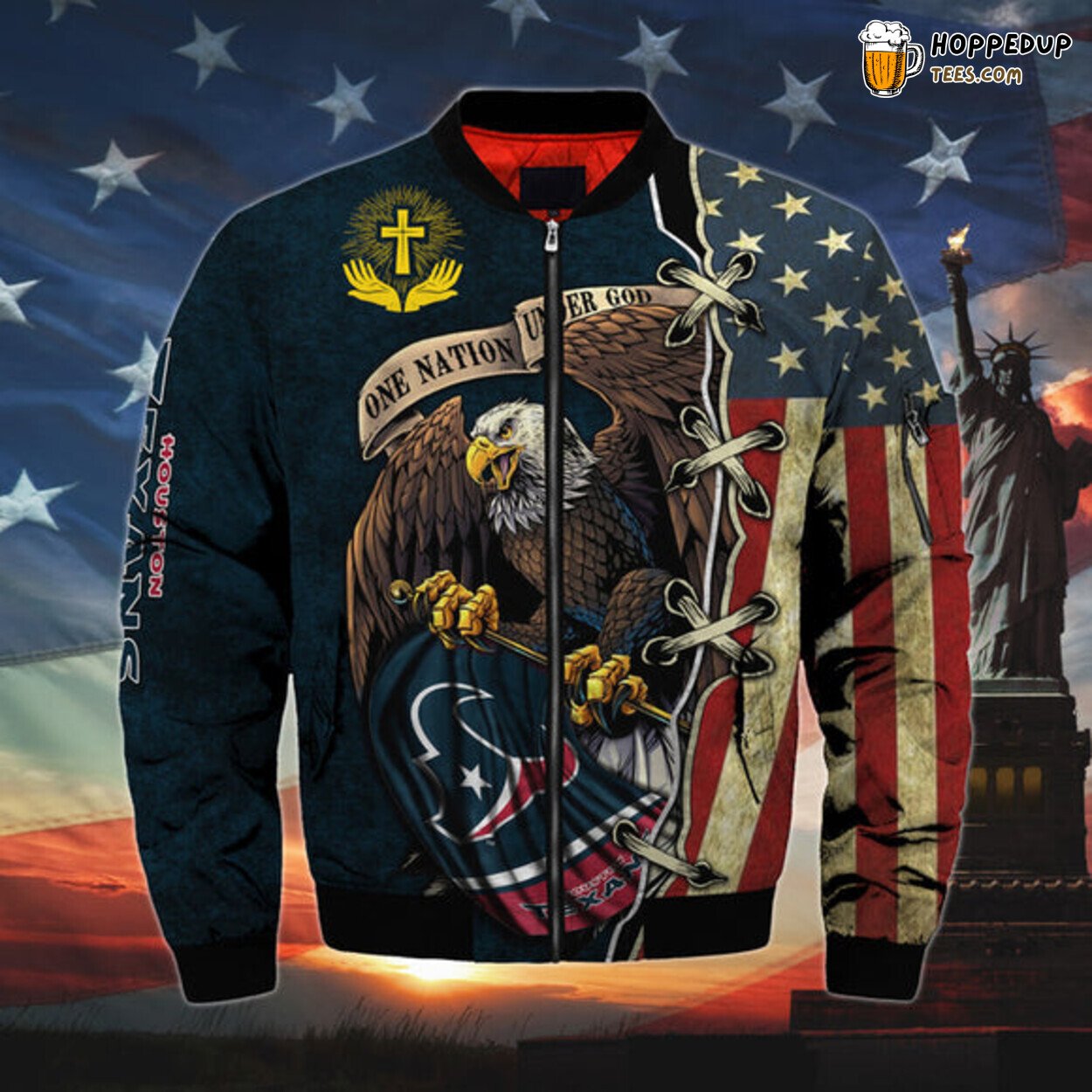 Houston Texans Men Bomber Jacket One Nation Under God Series Sporty Look Design