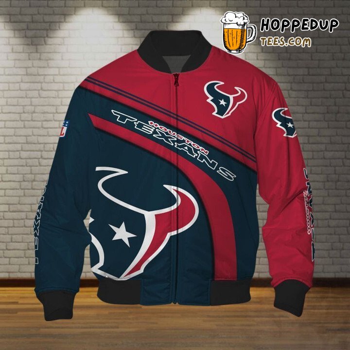 Houston Texans NFL Bomber Jacket in Patriotic Red and Blue Ensemble