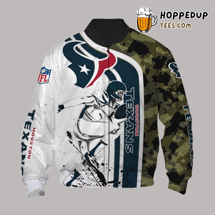 Houston Texans NFL White Blue Camo Trend Bomber Jacket Look