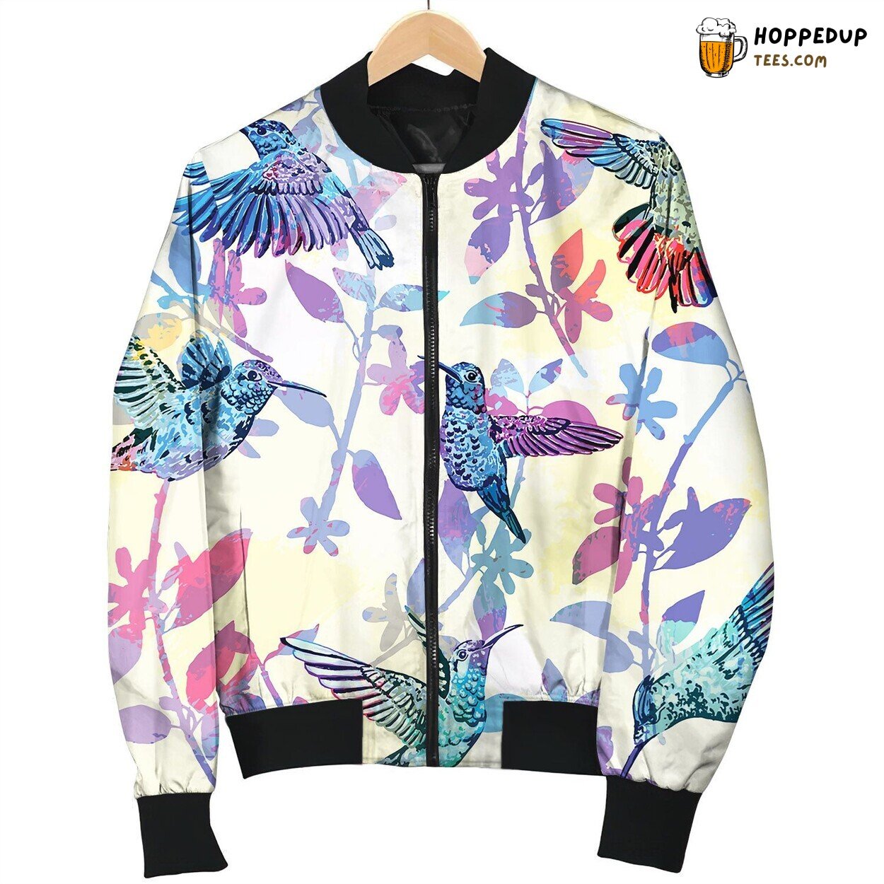 Hummingbird Seamless Pattern Hand Drawn Tropical Bomber Jacket