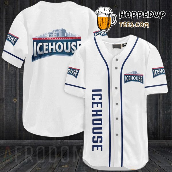 Icehouse Beer Themed White Baseball Jersey Distinctive Unique Design Look