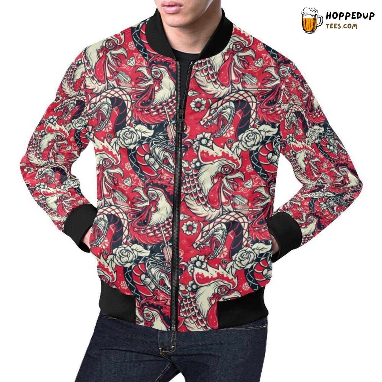 Illustrated Farm Chicken Hen Men’s Bomber Jacket Quirky Countryside Fashion Wear