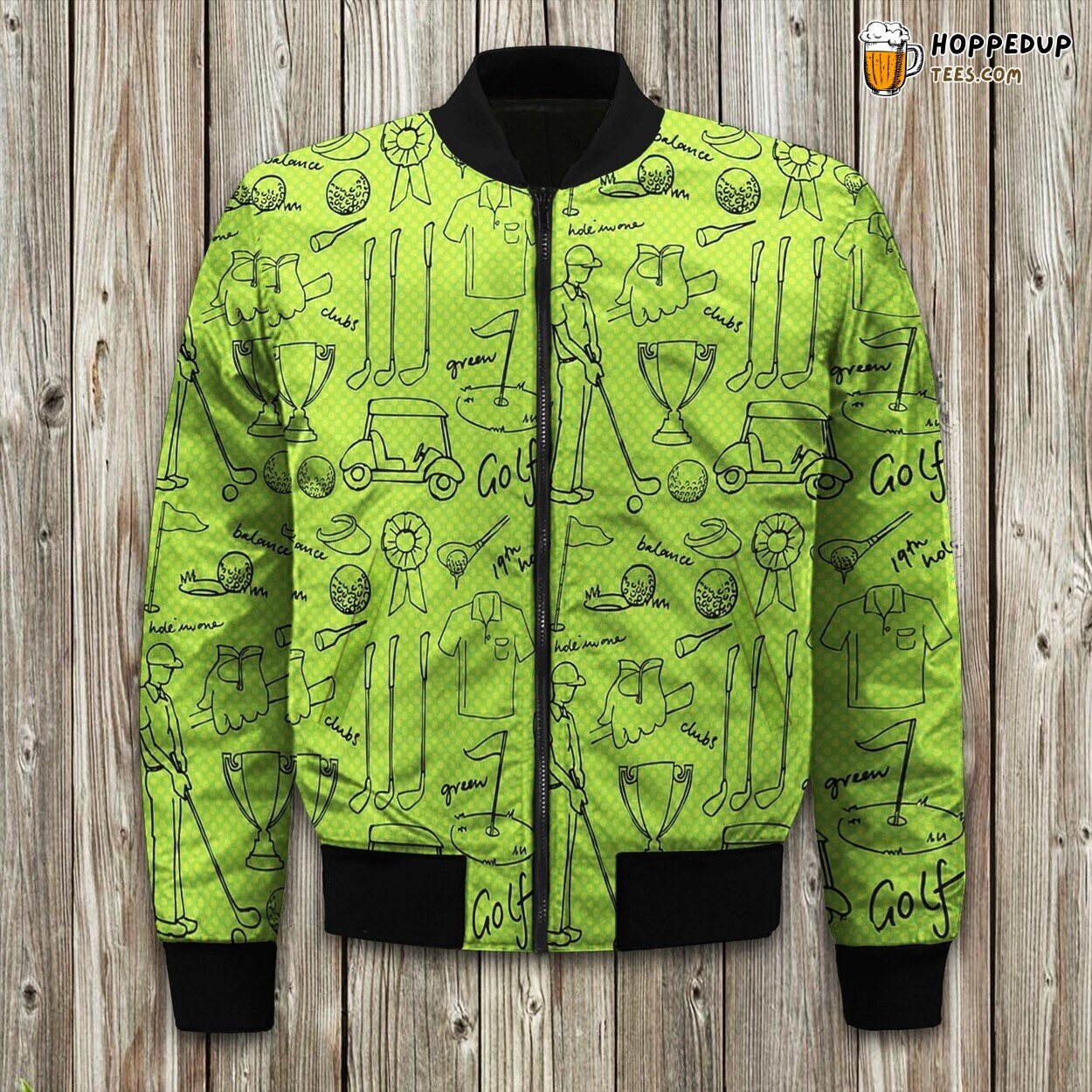 Illustration Playing Golf By Black Line With Polka Dot Bomber Jacket