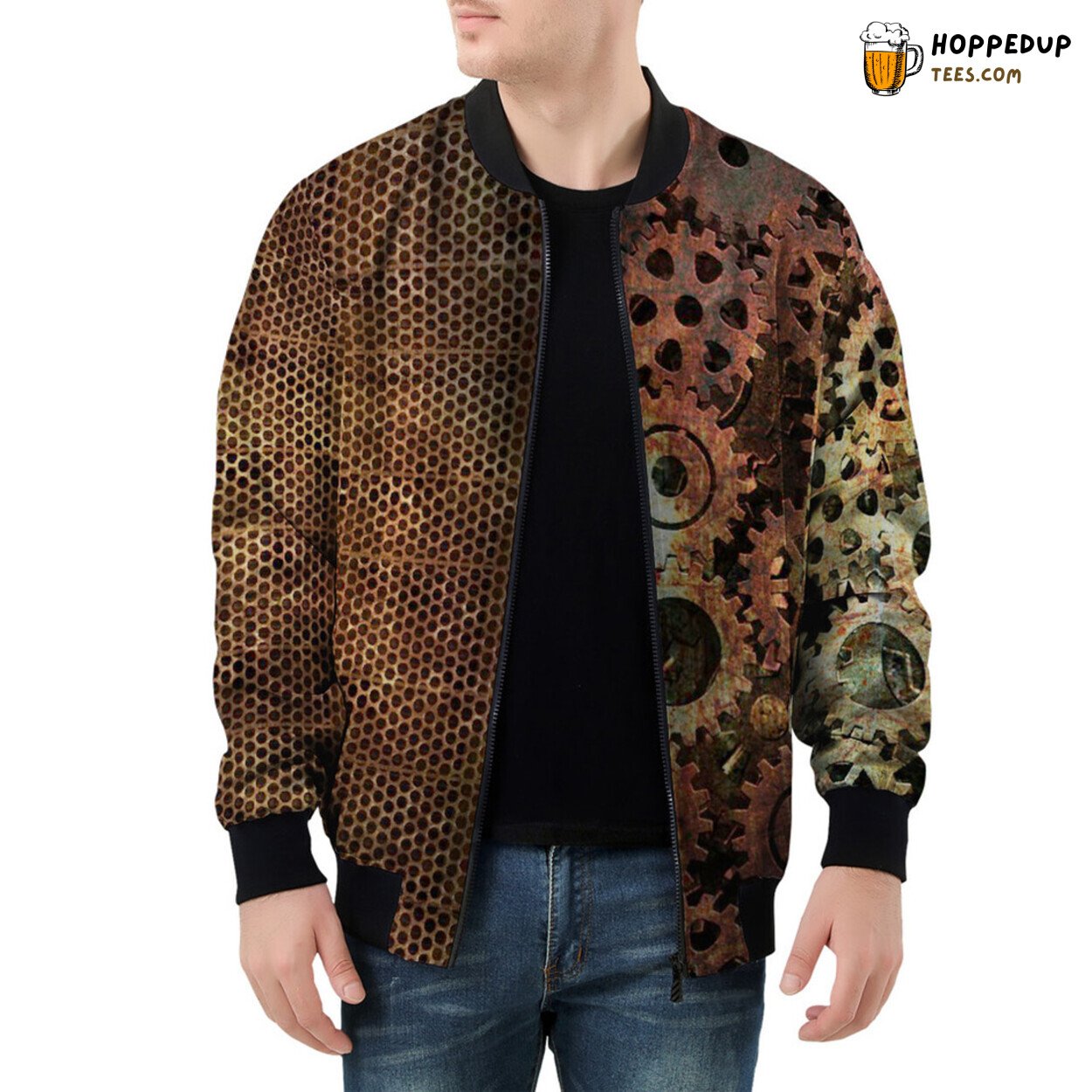 Industrial Steampunk Gear Mechanisms Adorn Men’s Bomber Jacket