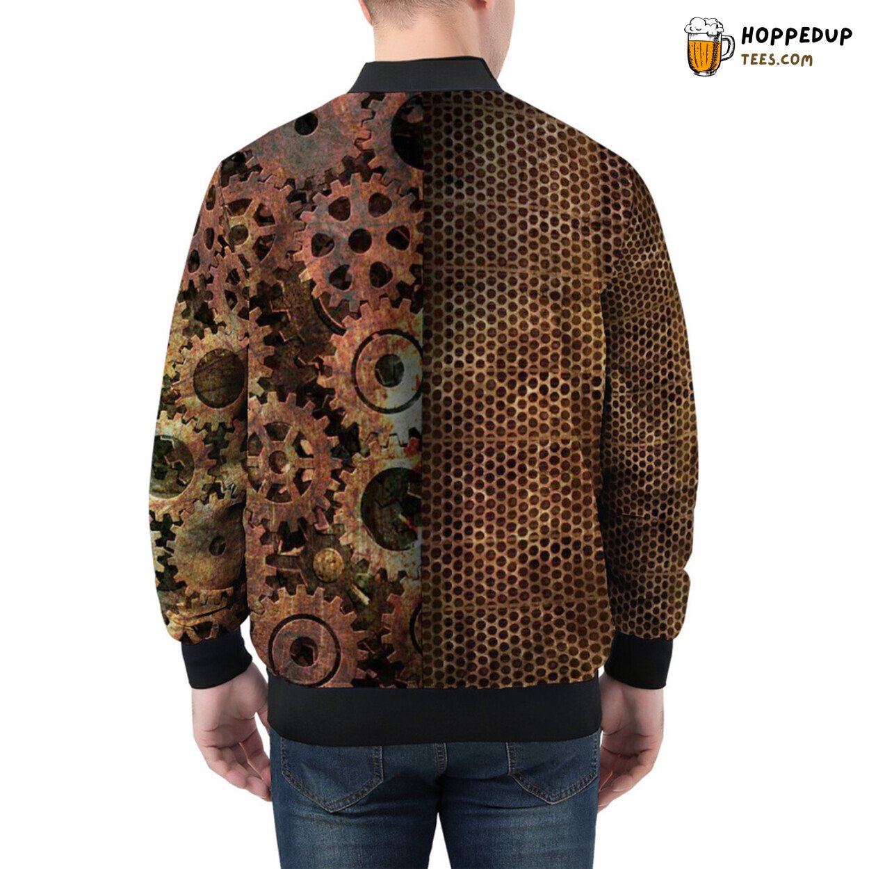 Industrial Steampunk Gear Mechanisms Adorn Men’s Bomber Jacket