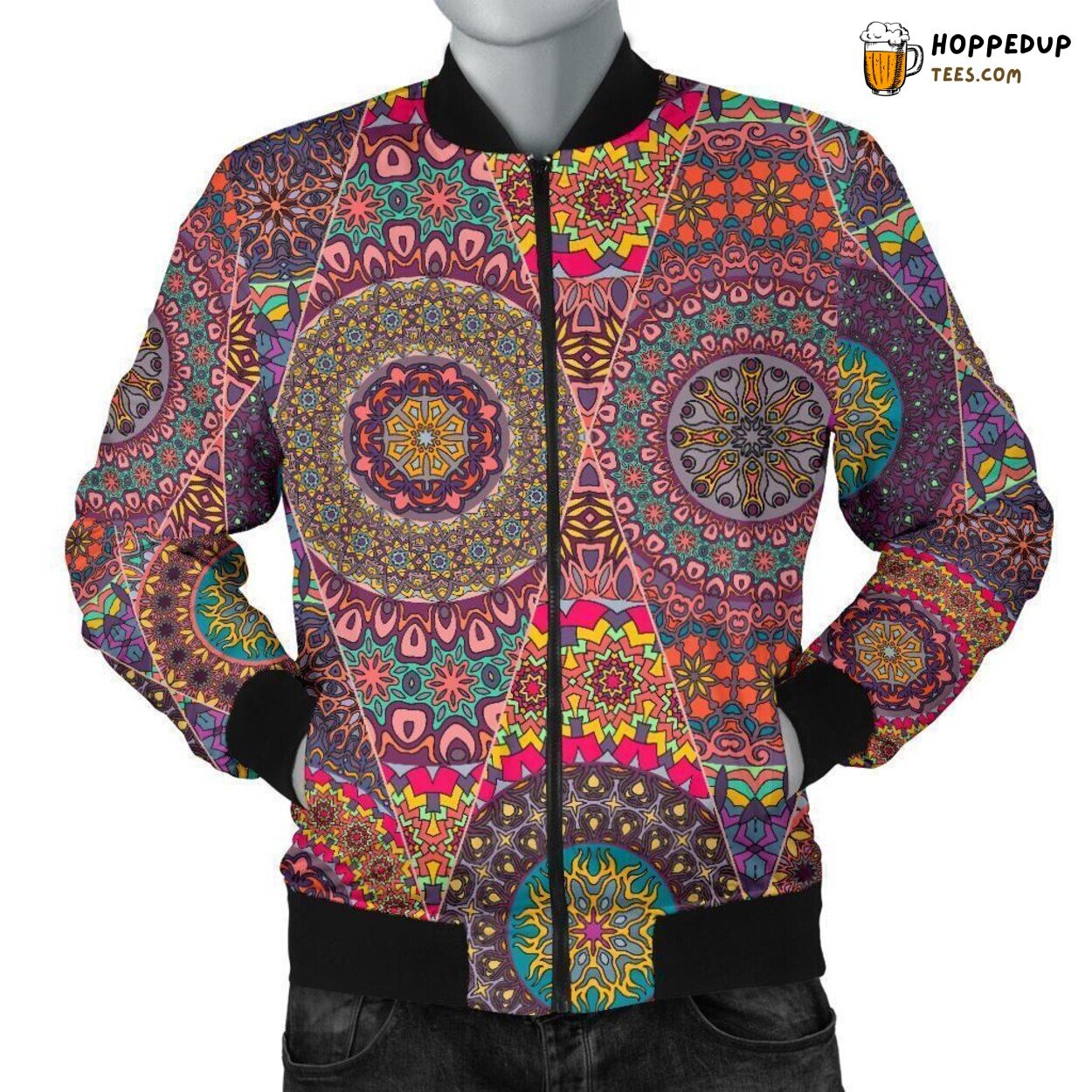 Intricate Bohemian Patchwork Men’s Bomber Jacket Unique Pattern Display Art