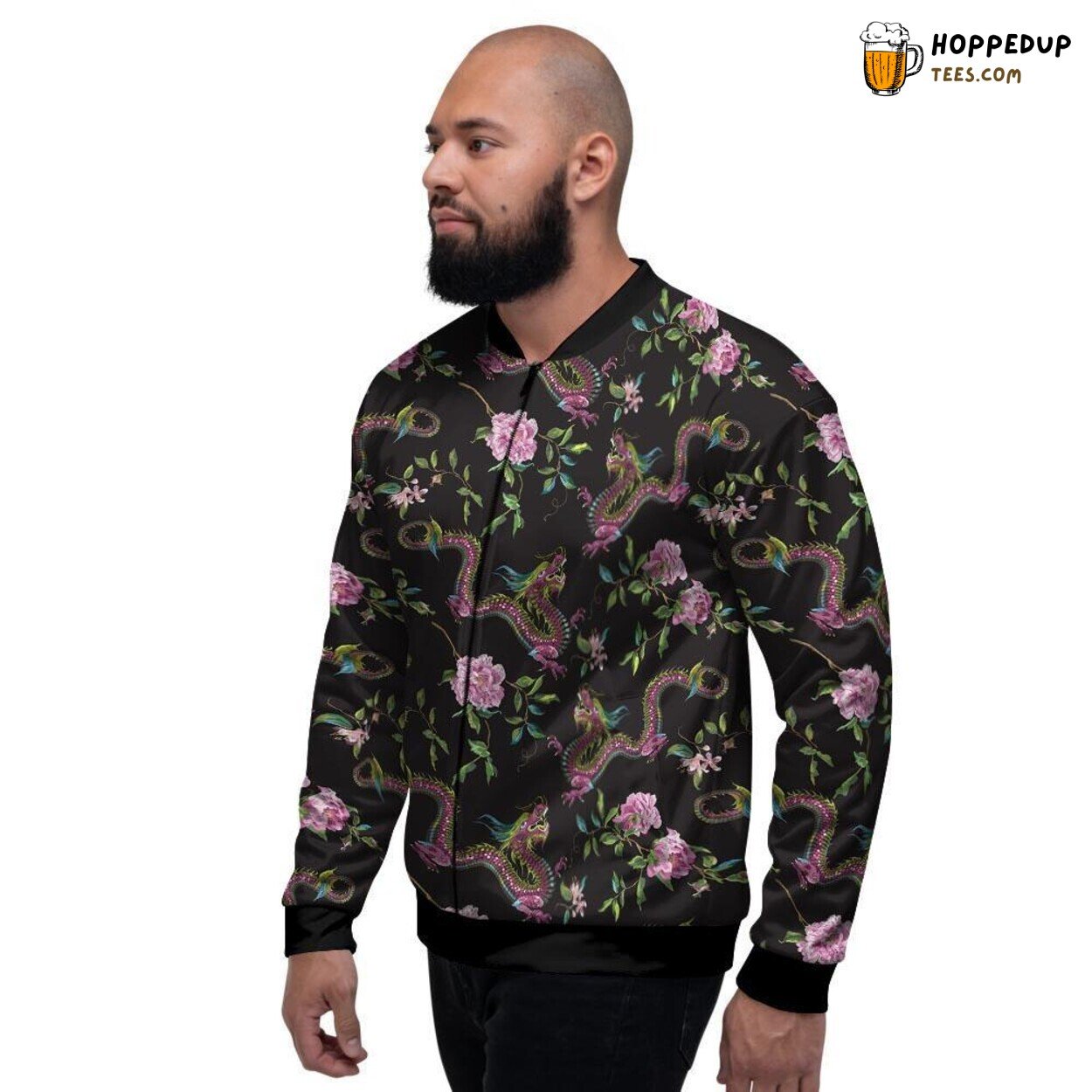 Intricate Japanese Dragon Amidst Florals Design Men’s Bomber Jacket Mystical Art
