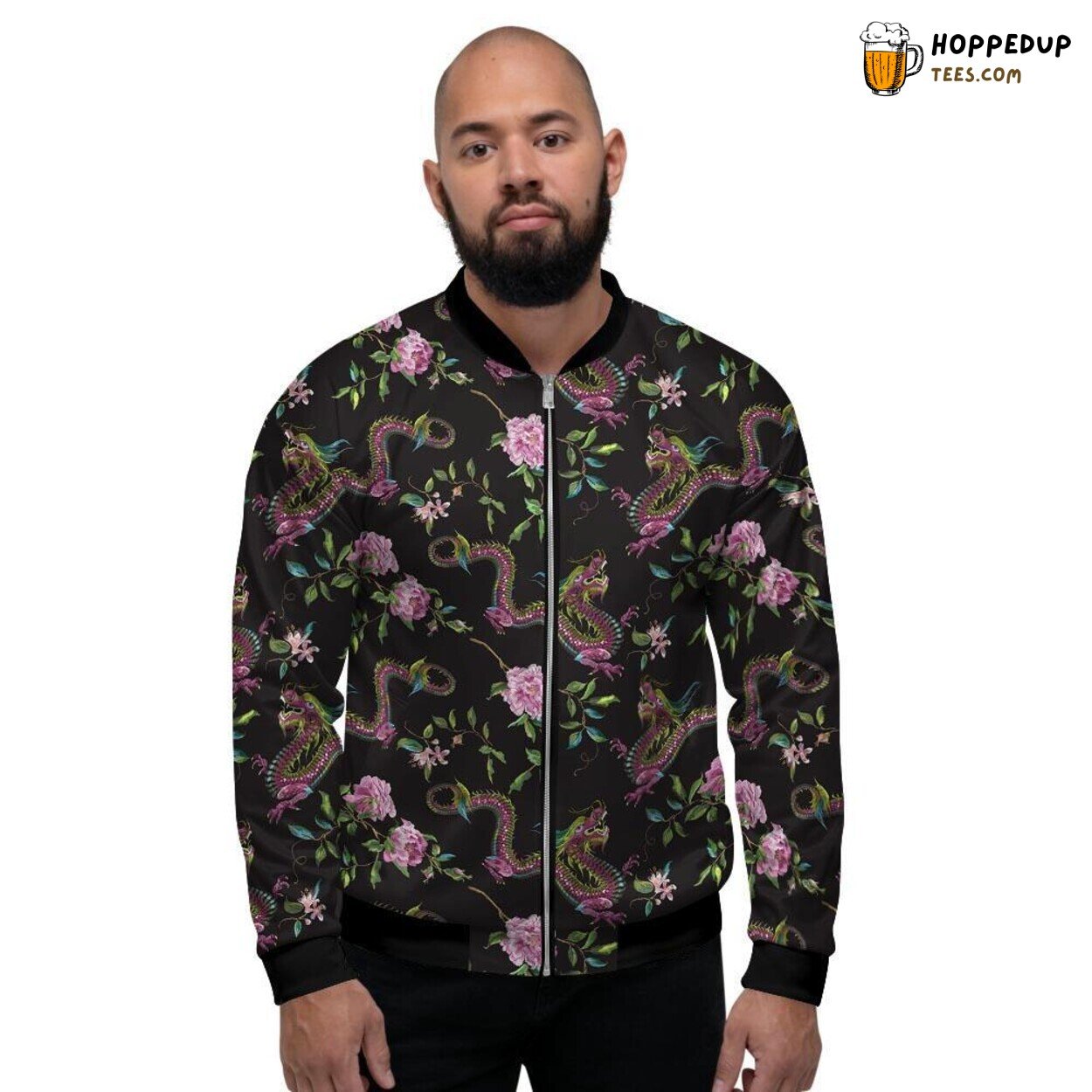 Intricate Japanese Dragon Amidst Florals Design Men’s Bomber Jacket Mystical Art