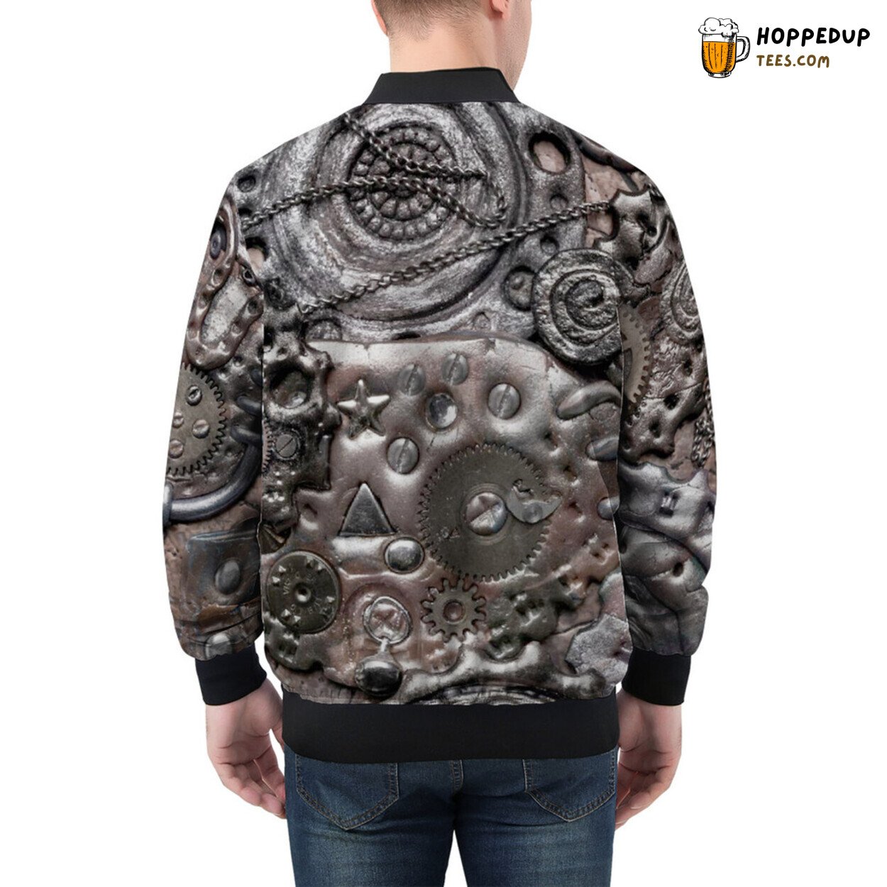 Intricate Steampunk Mechanics Reflected in Men’s Bomber Jacket Gears