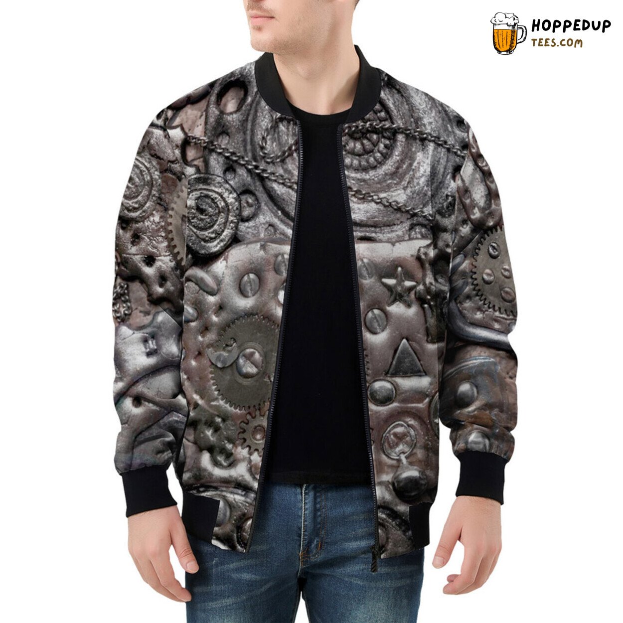 Intricate Steampunk Mechanics Reflected in Men’s Bomber Jacket Gears