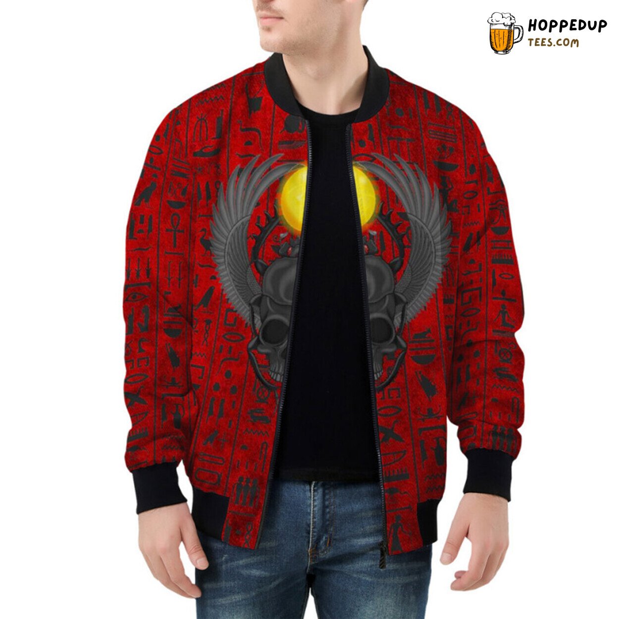 Intricate Winged Beetle Skull Egyptian Design Bomber Jacket for the Bold