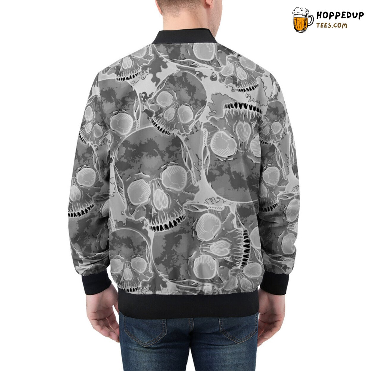 Inverted Camouflage Merges with Skulls on Men’s Bomber Jacket Canvas