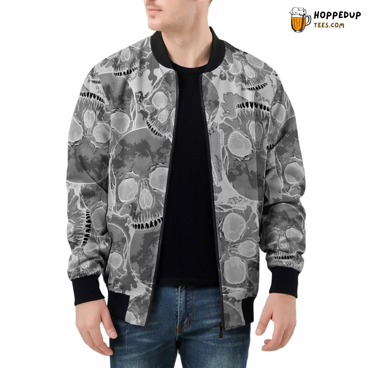 Inverted Camouflage Merges with Skulls on Men’s Bomber Jacket Canvas